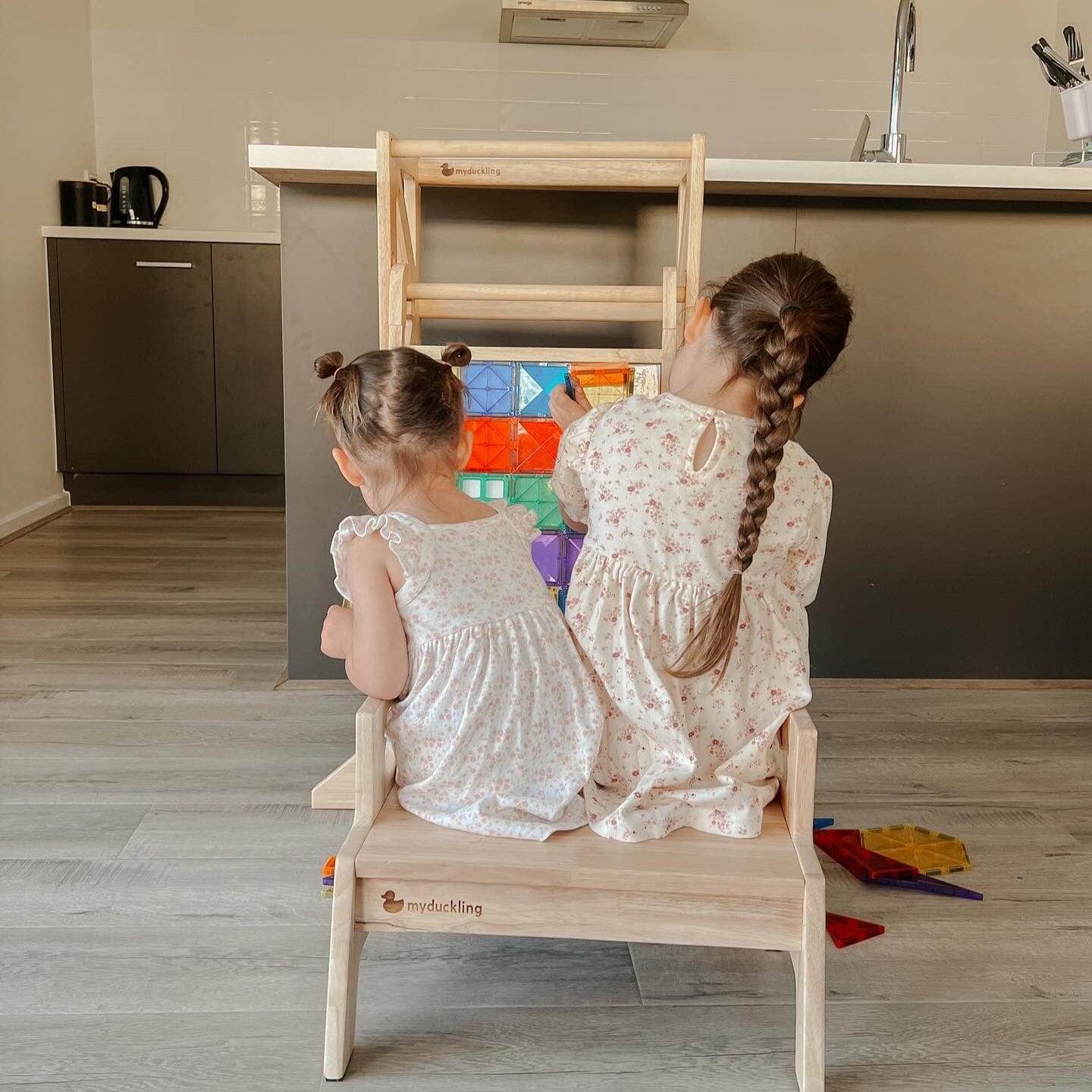 JALA Deluxe Adjustable Montessori Learning Tower for Toddlers - Solid Wood Step Stool with Safety Rail & Duck Handle - Perfect for Kitchen, Baking, and Playtime Independence