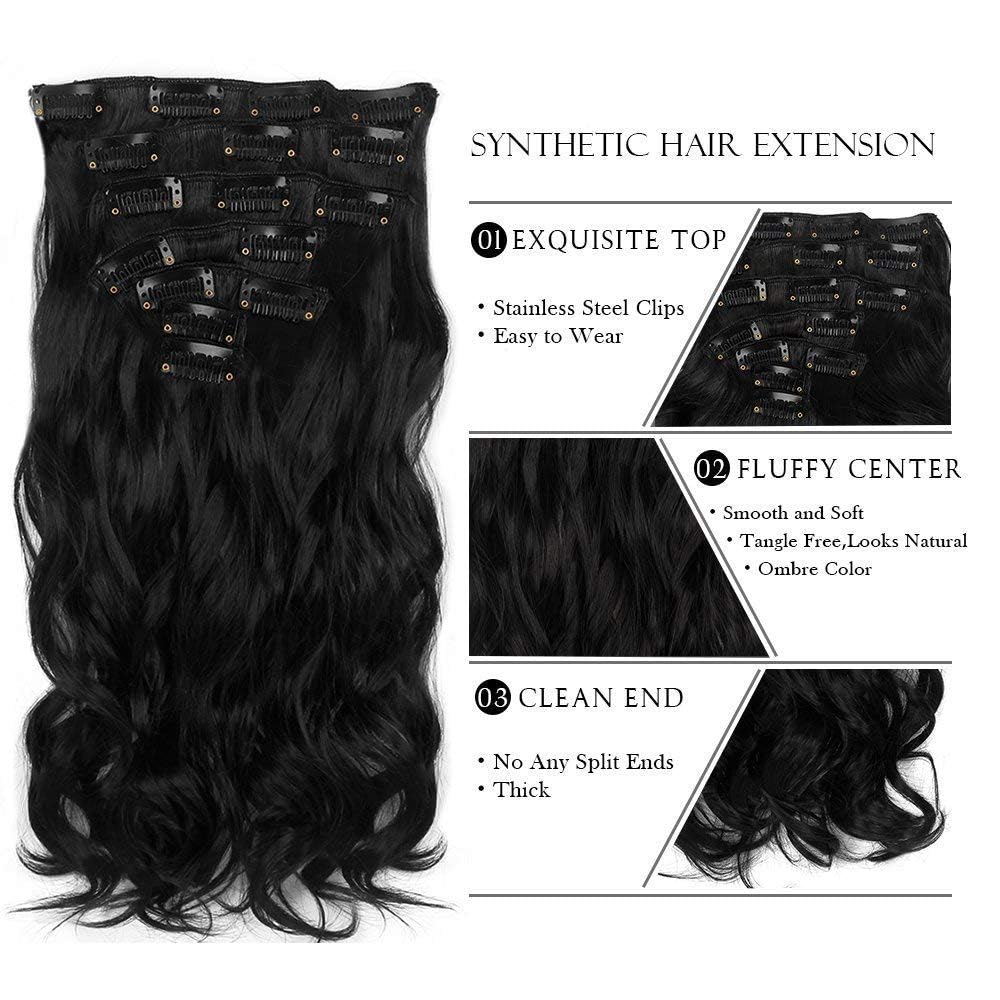 Foreign Holics 24-26 Inch 14 Clips Synthetic Wavy/Curly Hair Extensions for Women - Dark Brown Clip-in Human Hair Wig for Volume & Length - Perfect for Parties, Weddings & Daily Styling