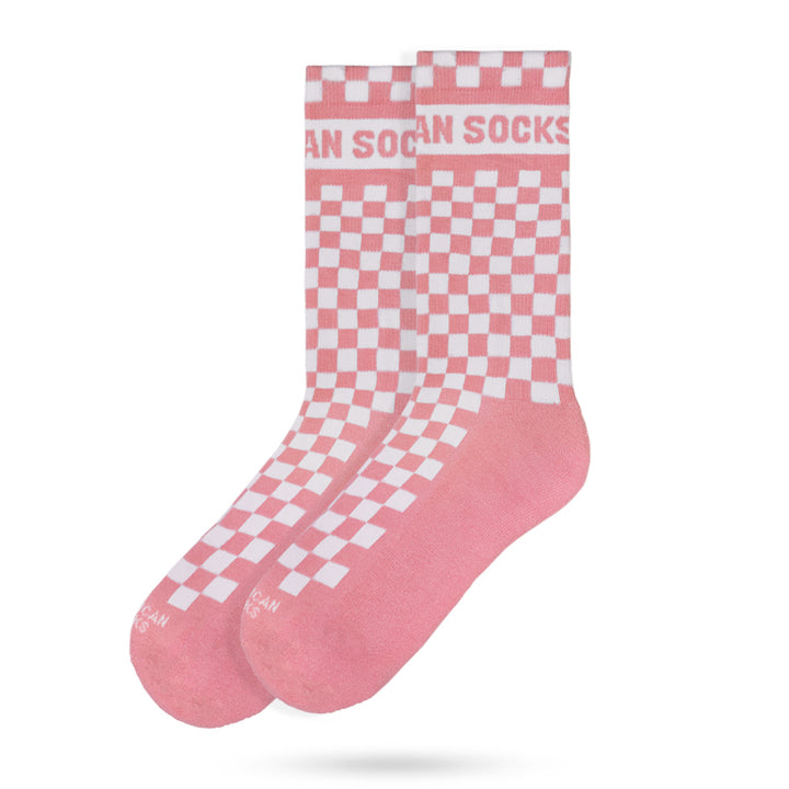 American Socks for Women - Pink Checkerboard Pattern Mid-Calf Crew Socks - Comfortable Cotton Blend for Daily Wear, Workout & Casual Outfits