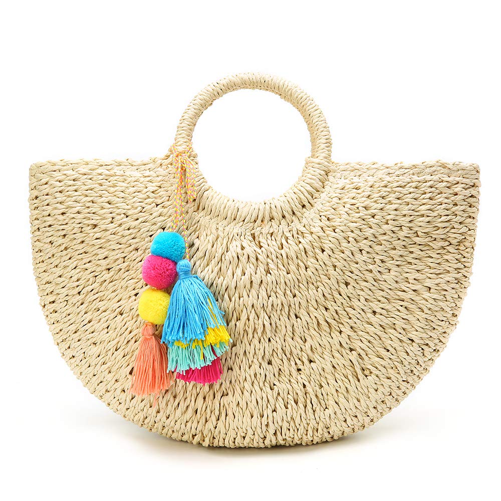 Stylish Straw Beach Tote Bag with Tassels & Pom Poms - Handwoven Summer Hobo Shoulder Purse for Women | Perfect for Beach Vacations, Pool Parties & Summer Outings