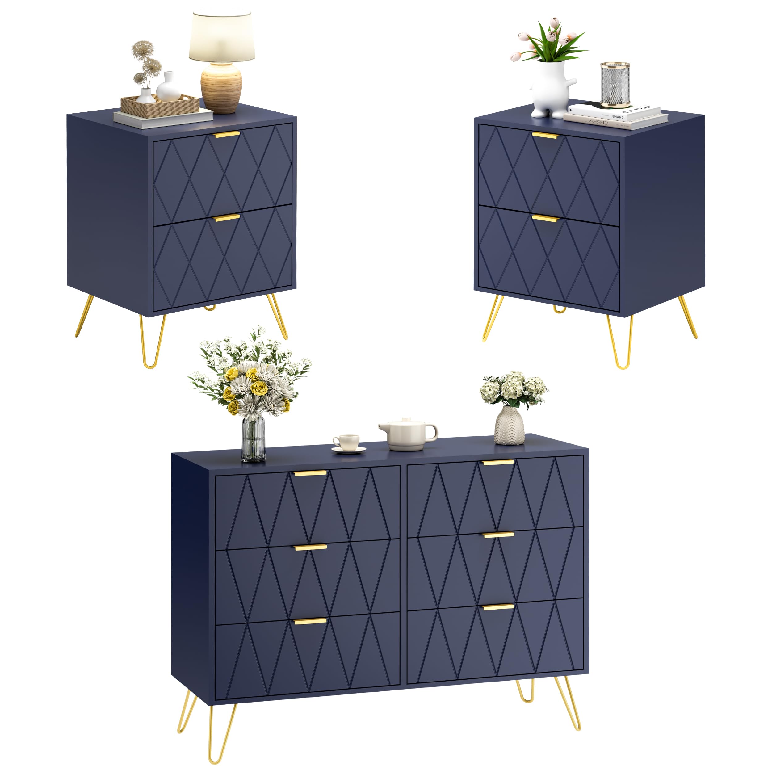 Anbuy 6-Drawer Dresser and Nightstand Set - 3-Piece Bedroom Furniture Combo with 2 Nightstands & Dresser in Navy Blue for Master Bedroom, Guest Room, or Dorm Organization