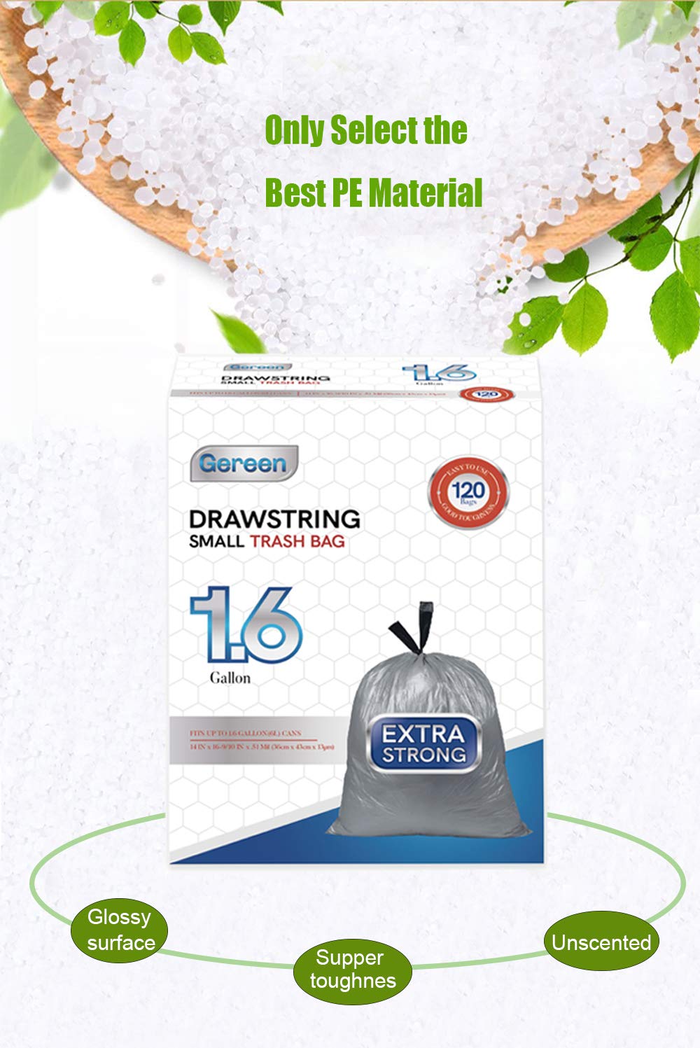 Gereen 1.6 Gallon Small Drawstring Trash Bags - 120 Count Extra Strong Garbage Can Liners for Home, Office, Car & Travel | Perfect for Bathroom, Kitchen, Bedroom & Vehicle Waste Disposal