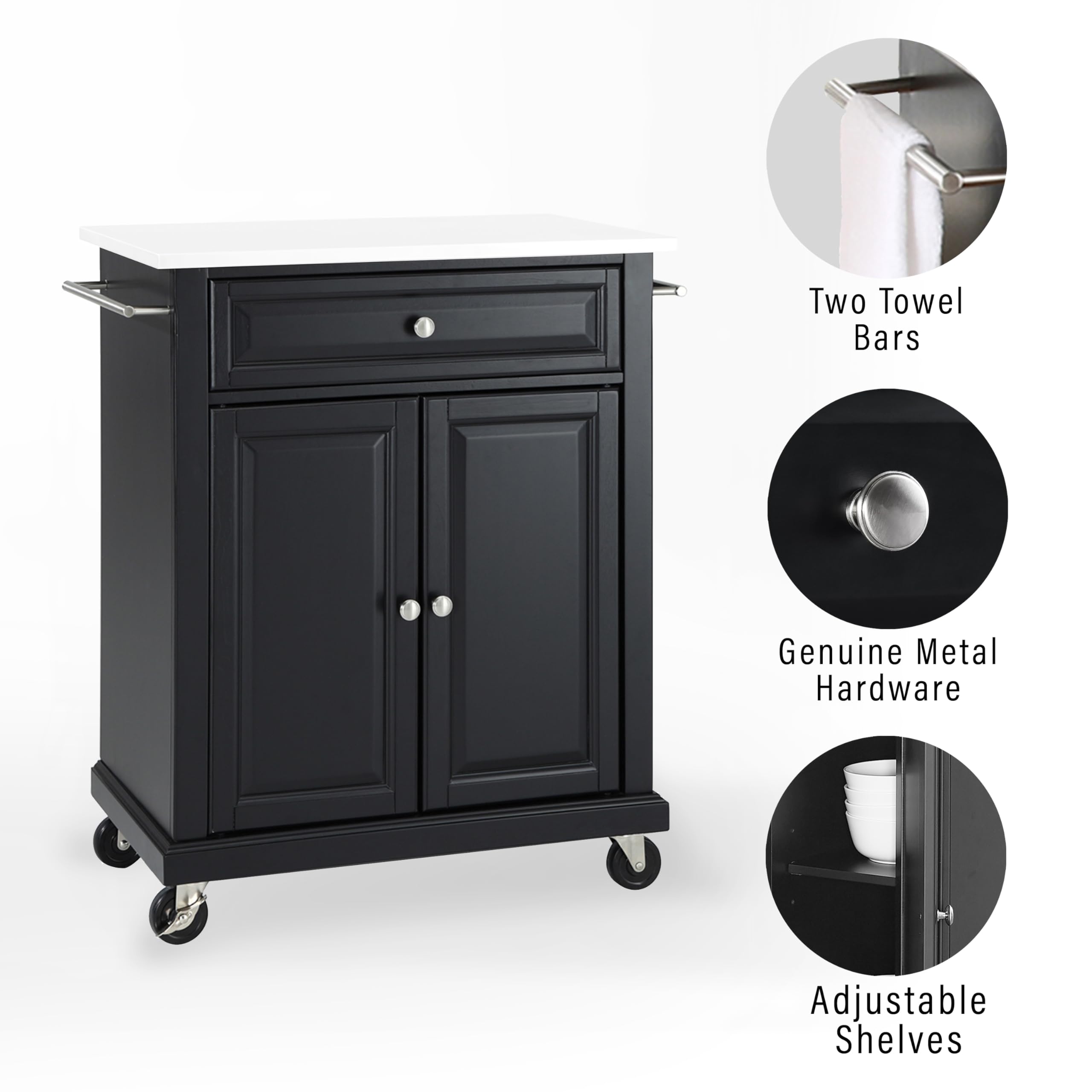 Crosley Black Compact Rolling Cart with Stone Top & Shelves - Microwave Stand, Towel Rack for Kitchen, Bathroom, or Office Storage