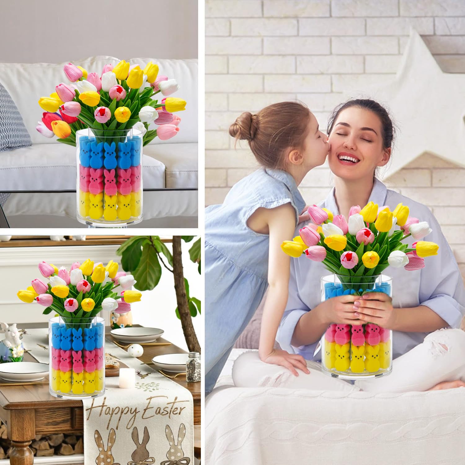 Easter Bunny Table Decorations Set - Artificial Tulips with Bunnies Vase Filler, Spring Rabbit Centerpiece for Home & Party Decor (Vase Not Included) - Perfect for Easter Celebrations, Spring Weddings & Holiday Table Settings