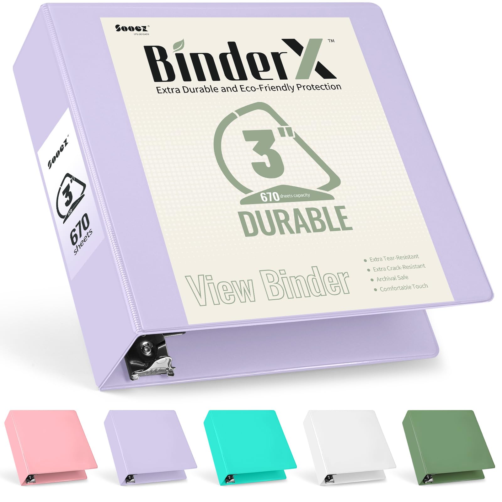 Sooez BinderX Extra Durable 3 Inch 3-Ring Binder with D-Ring - Holds 670 Sheets of 8.5x11 Paper, Customizable View Cover & Inside Pockets - Heavy Duty School Binder for Students & Teachers - Perfect for Organizing Notes, Projects & Office Documents (Lavender)