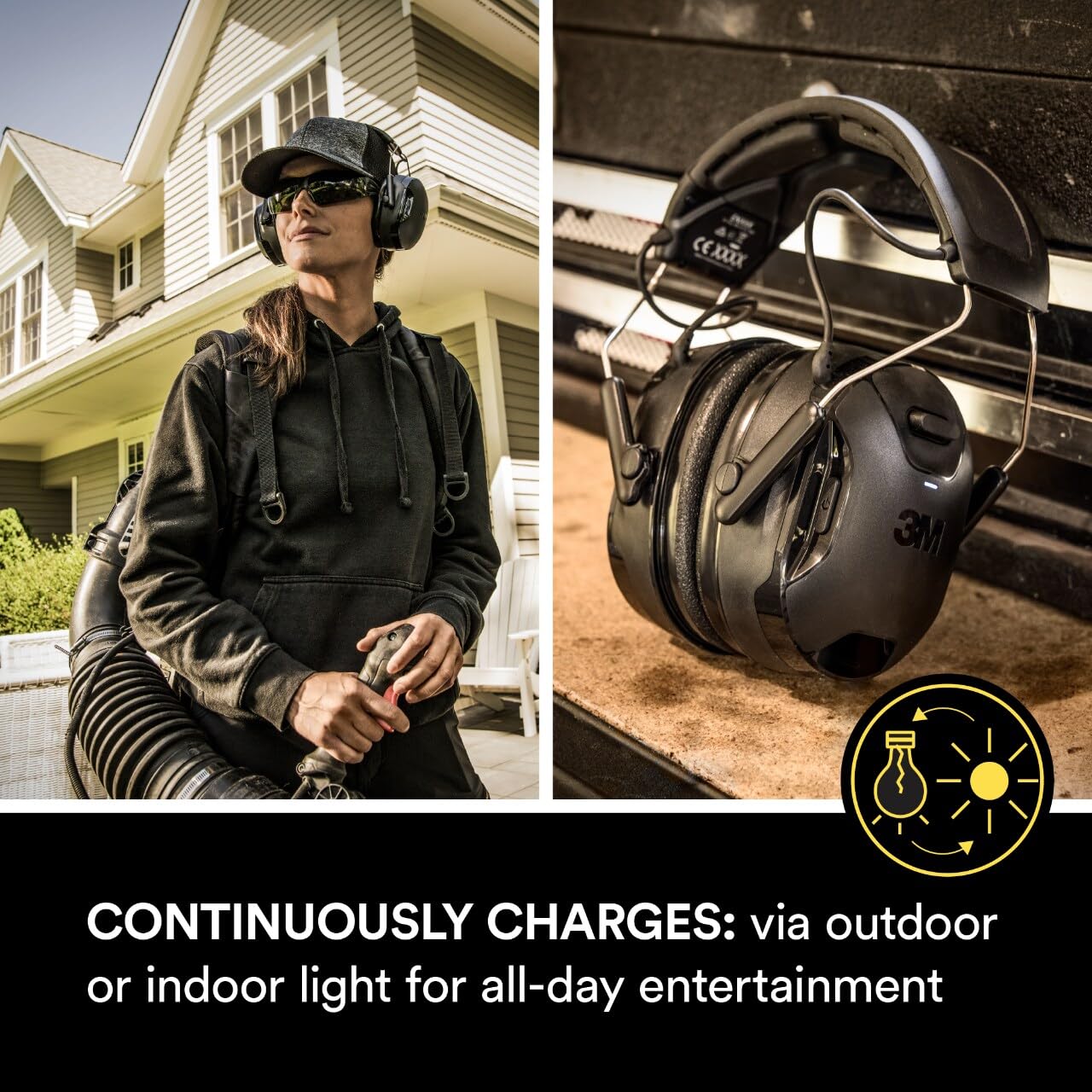 3M WorkTunes Connect + Solar Hearing Protector – Wireless Bluetooth Ear Muffs with NRR 26dB Noise Reduction, Self-Charging Solar Technology & Built-in Mic – Ideal for Construction, Lawn Care, and Industrial Work (90573-DC)