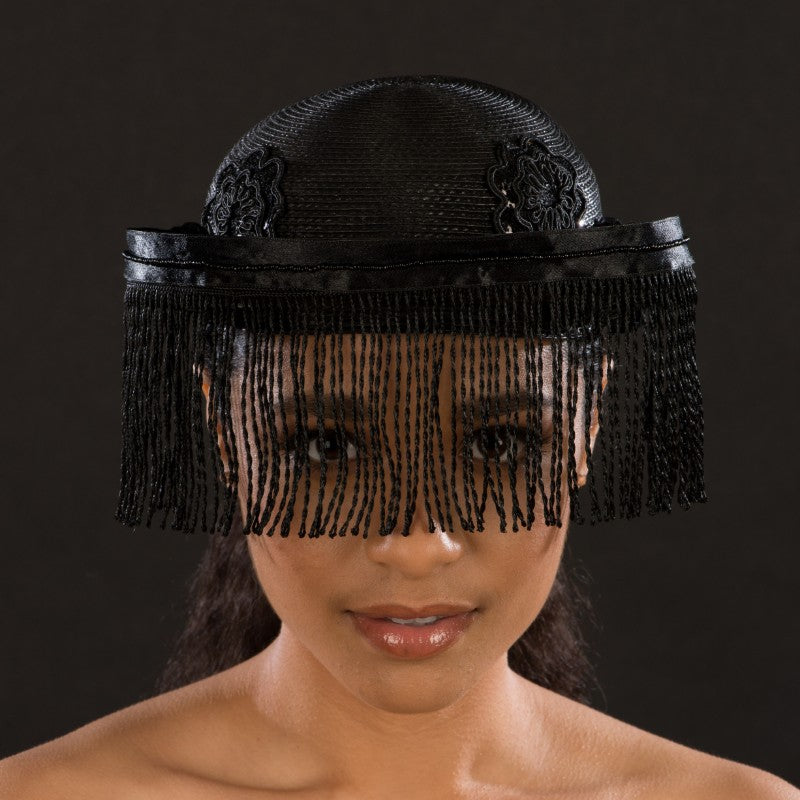 BW9034 Black Fringed Veil Dress Hat for Women - Elegant Church Wedding Accessory & Sample Sale