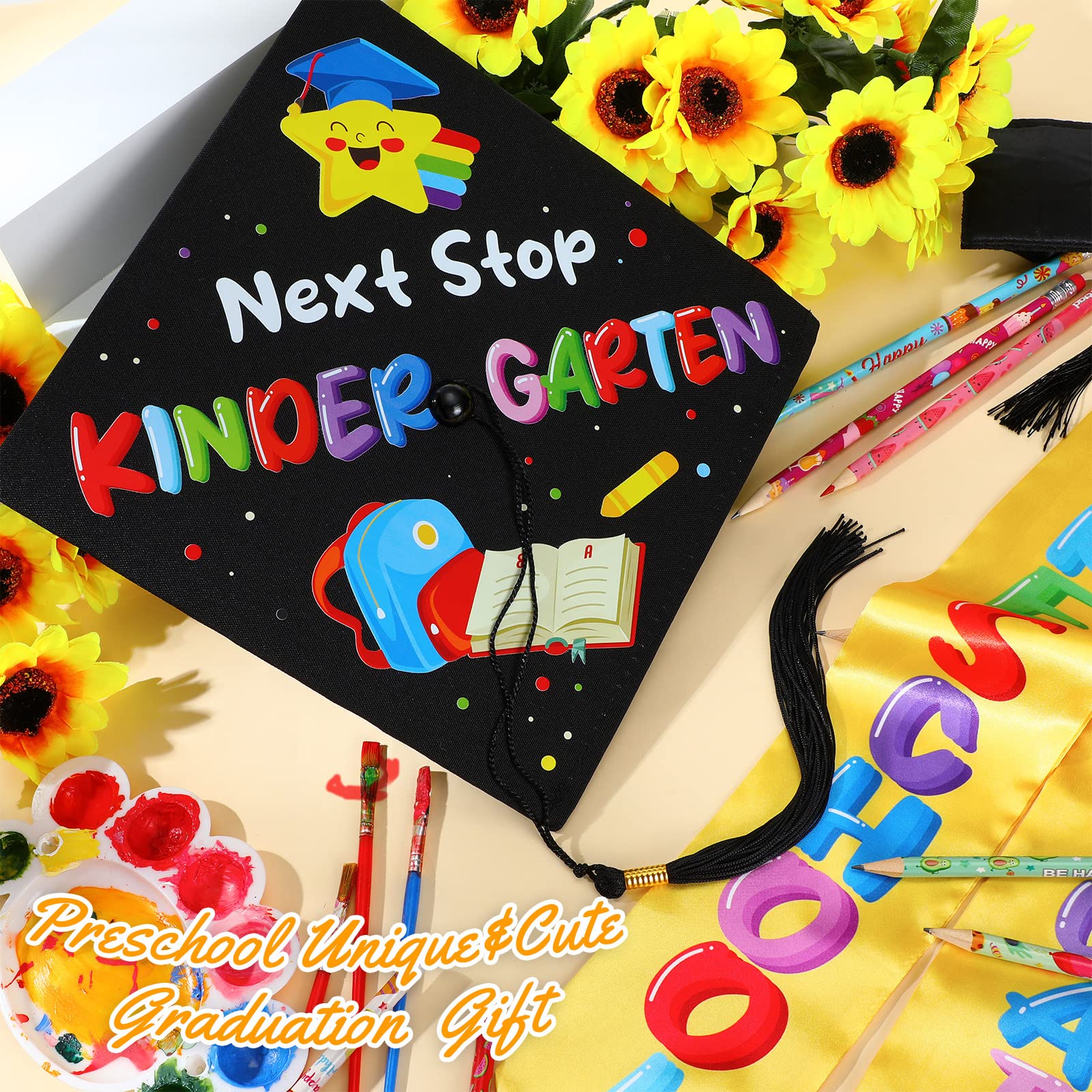 2025 Preschool Graduation Cap & Stole Set - Printed Unisex Kindergarten Graduation Hat with Sash - Perfect for Preschool Ceremonies, Photo Shoots & Graduation Parties