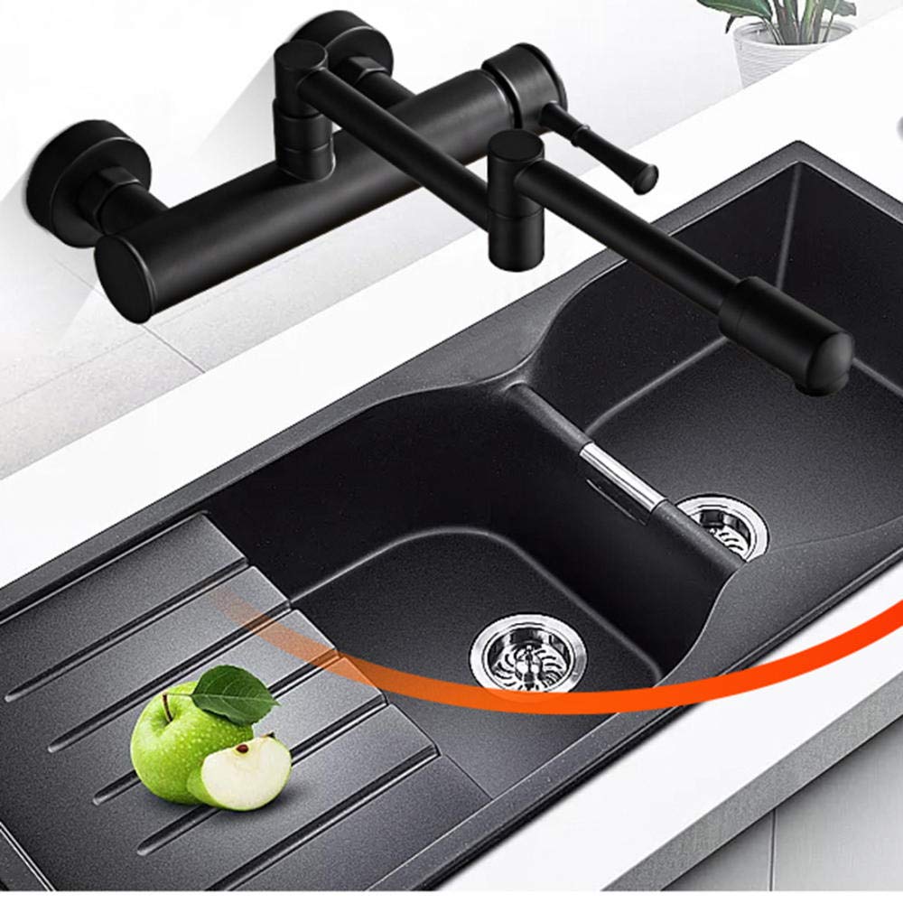 Brass Wall Mount Faucet - Folding Telescopic Kitchen Sink Faucet with Hot & Cold Water - Black In-Wall Two Hole Installation for Laundry Trough & Utility Sink (Perfect for Small Spaces & RVs)