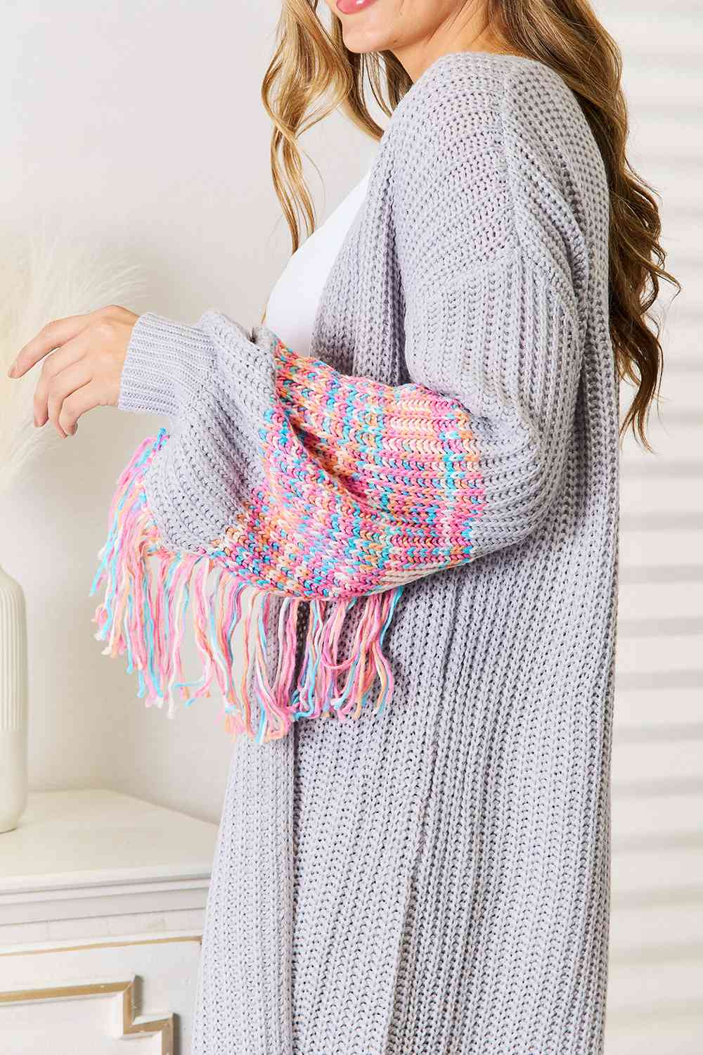 Cloudy Blue Fringe Sleeve Drop Shoulder Cardigan Sweater - Boho Chic Knitwear for Women | Perfect for Fall Layering, Coffee Dates & Casual Outings