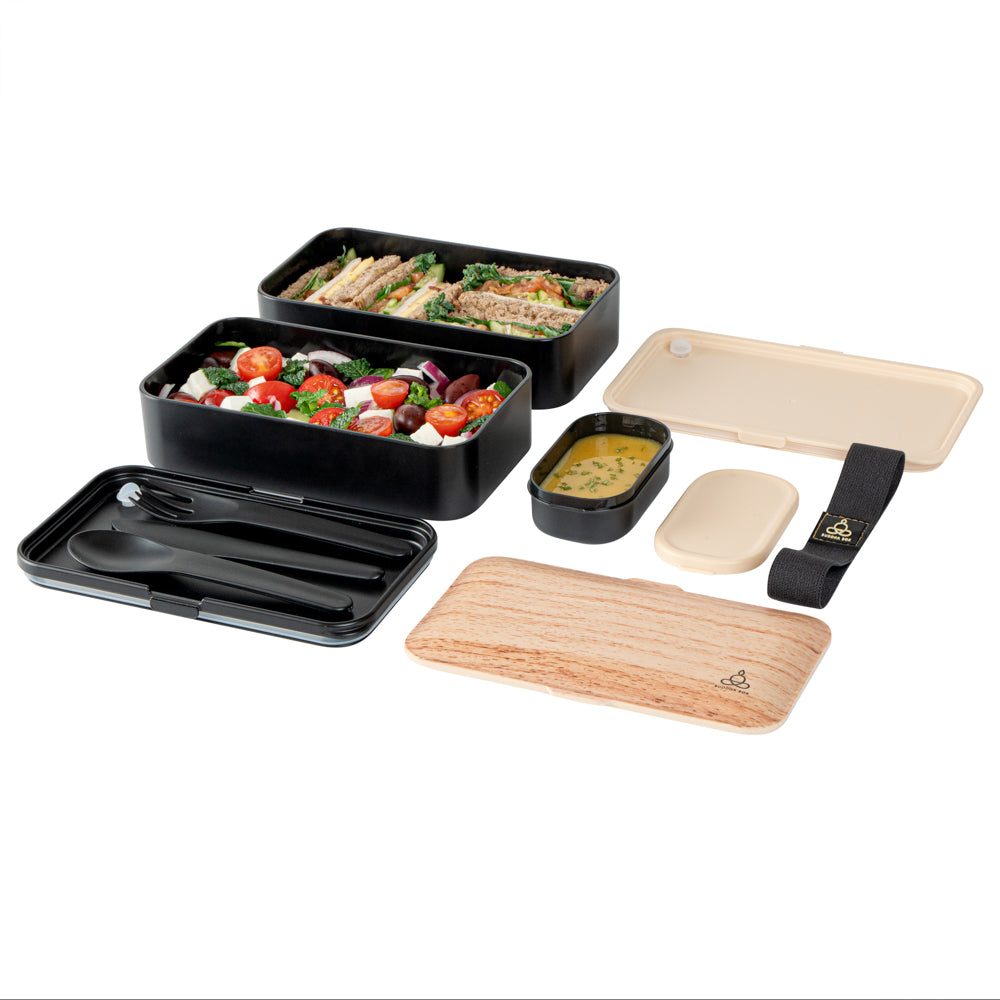 Bento Tek 41 oz Wood Grain & Black Buddha Box - All-in-One Lunch Container with Utensils & Sauce Cup (7.25