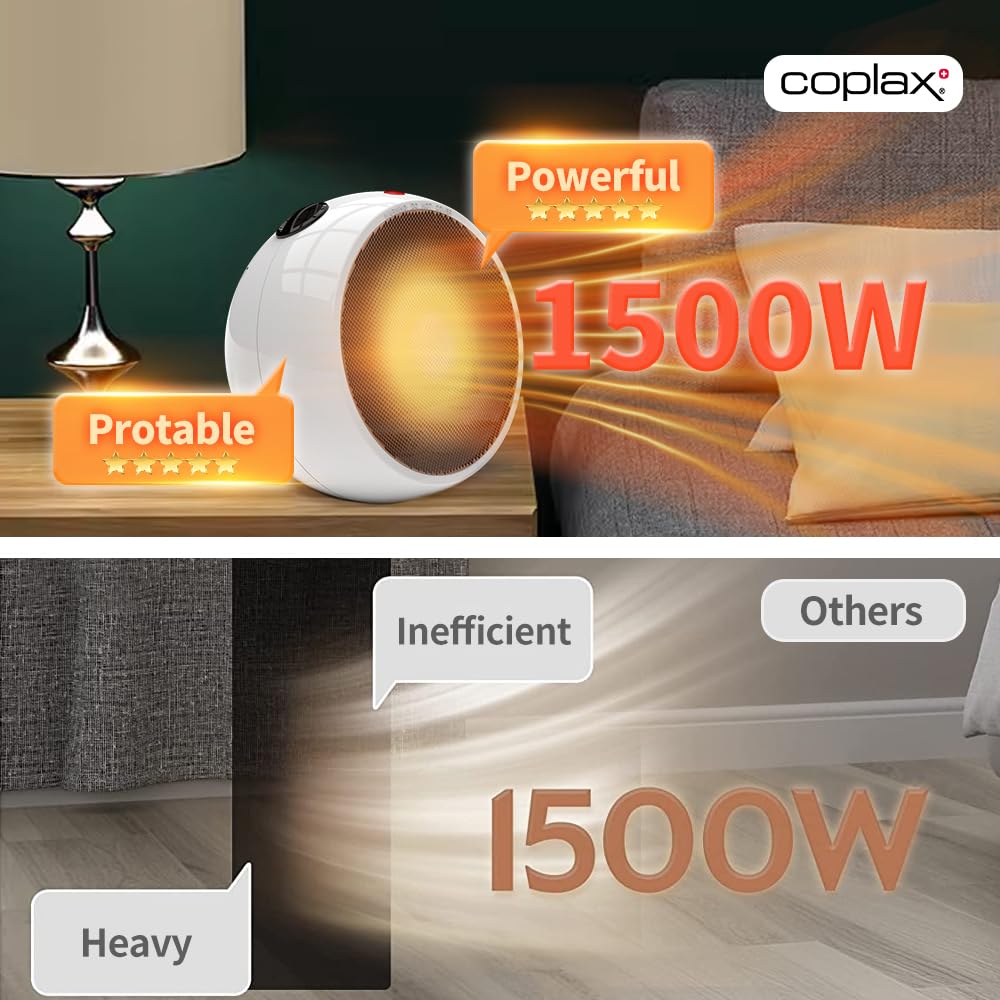 Coplax 1500W Portable Electric Space Heater with Adjustable Thermostat - 1 Second Fast Heating, Overheat & Tip-Over Protection, Ultra Quiet Ceramic Heater for Office, Bedroom, Living Room - Covers Up to 300 Sq.Ft - Perfect for Winter Home Heating & Workspace Warmth