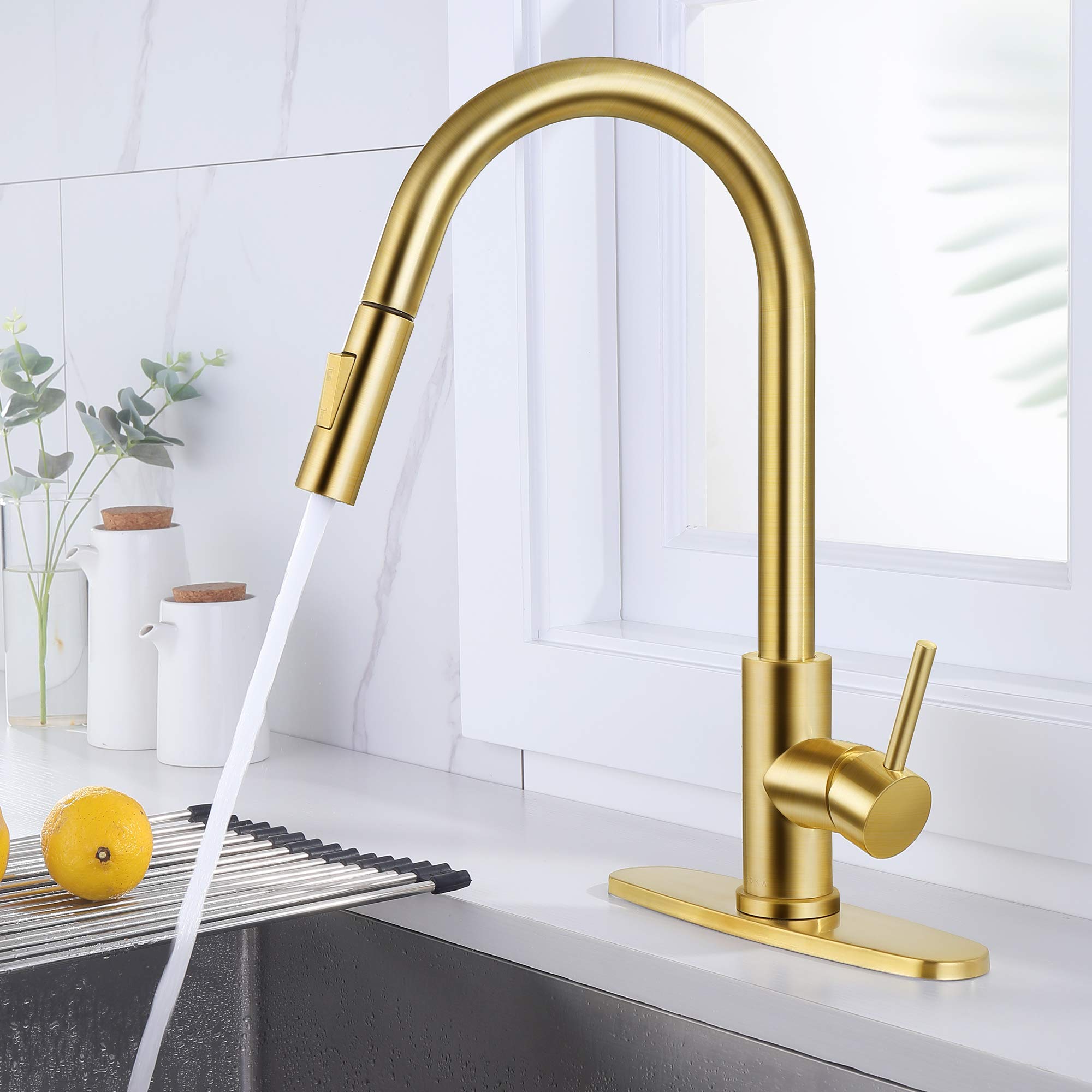 SOKA Commercial Kitchen Faucet with Pull Down Sprayer - RV Touch Faucet for Kitchen Sink, Single Handle High Arc Gold Faucet for Travel Trailers - Fits 1 & 3 Hole with Deck Plate - Perfect for RV, Tiny Homes & Mobile Kitchens