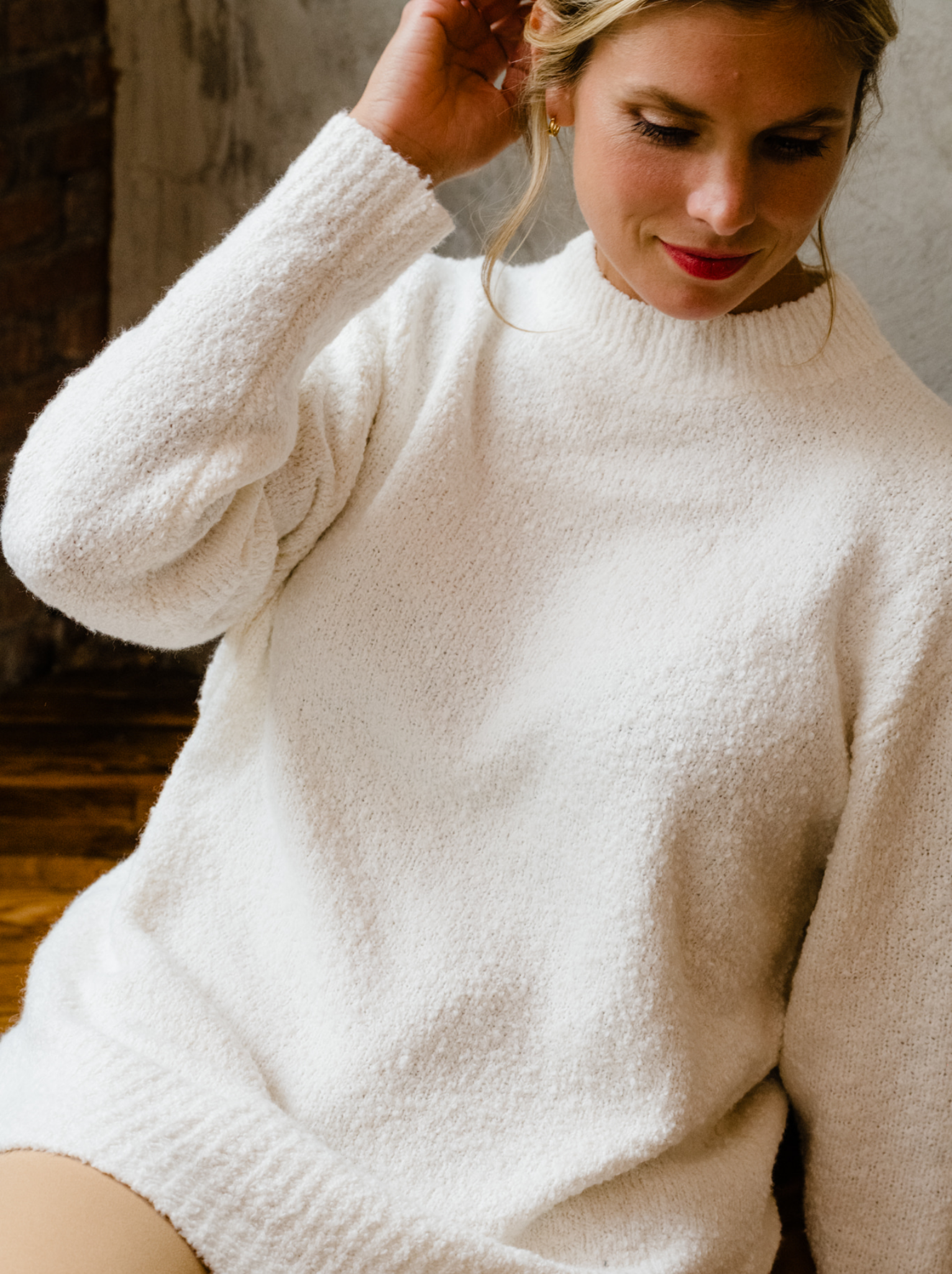 Alexis Boucle Sweater Women's Knit Cardigan - Soft Almond Color Cozy Winter Pullover for Casual Outfits & Office Wear