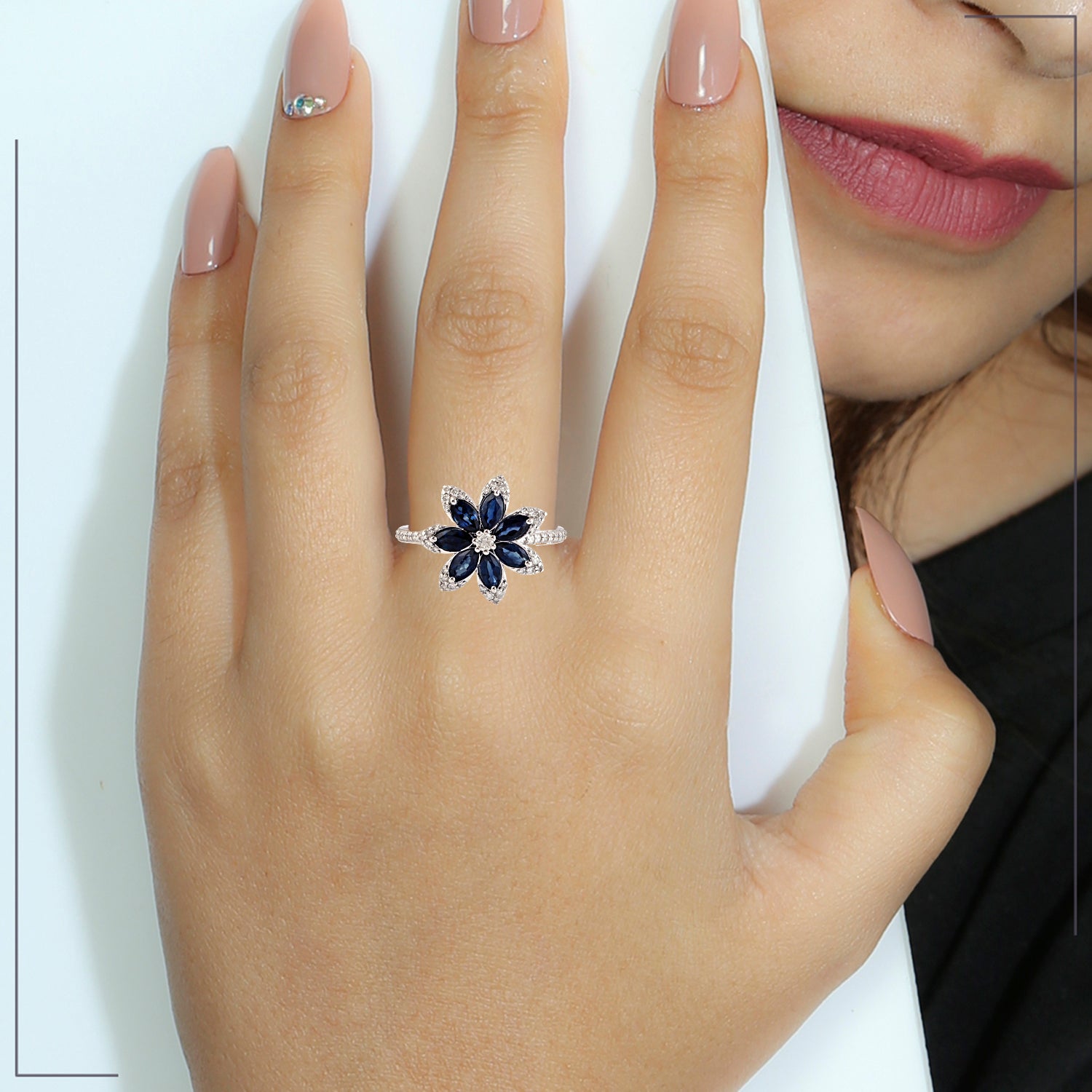 Exquisite Marquise Cut Blue Sapphire and Diamond Daisy Ring in 14K White Gold - Perfect for Engagement, Anniversary & Special Occasions