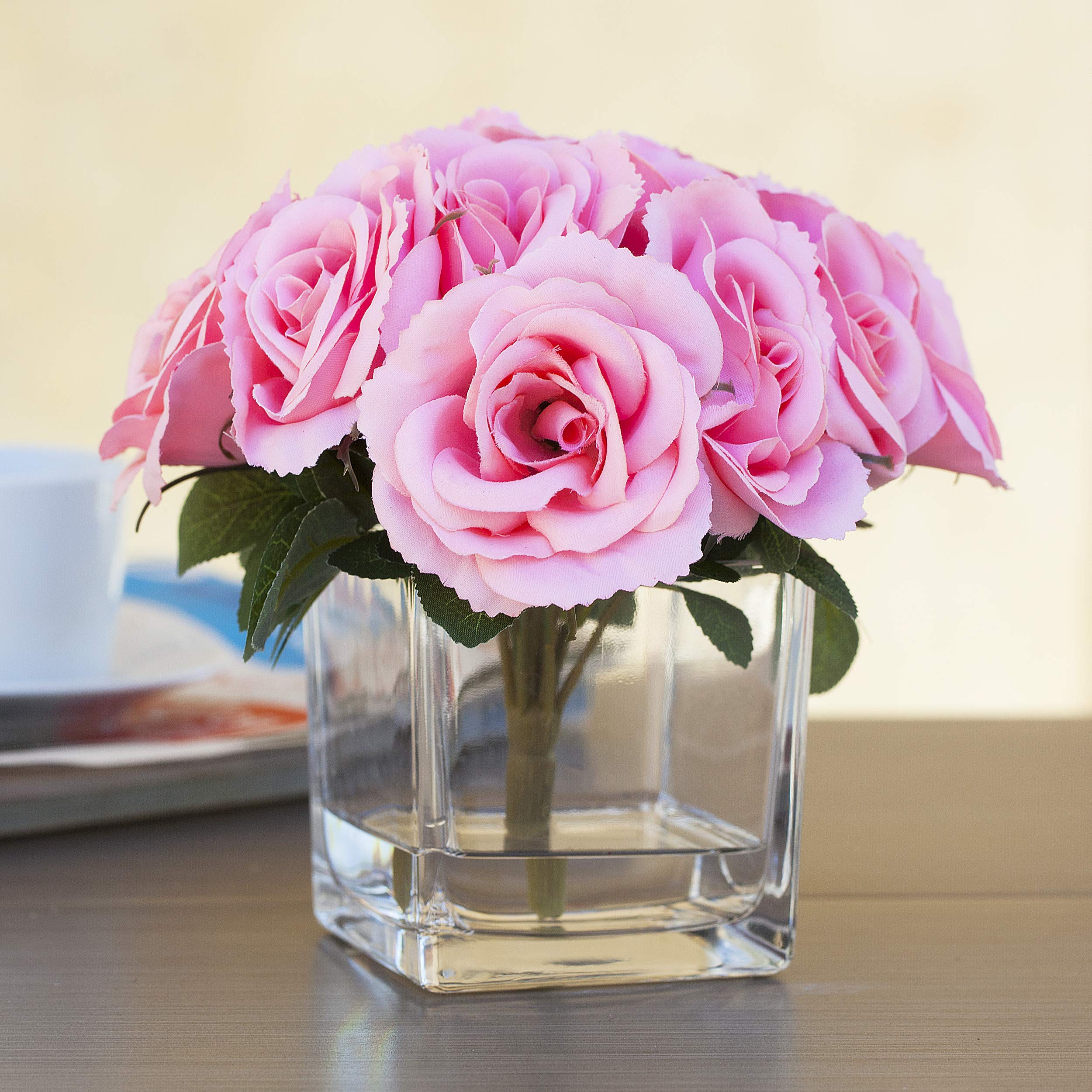 ENOVA HOME Artificial Velvet Rose Flower Arrangement in Clear Cube Glass Vase with Faux Water - Elegant Home & Office Decor, Wedding Centerpiece, Tabletop Display (Pink)