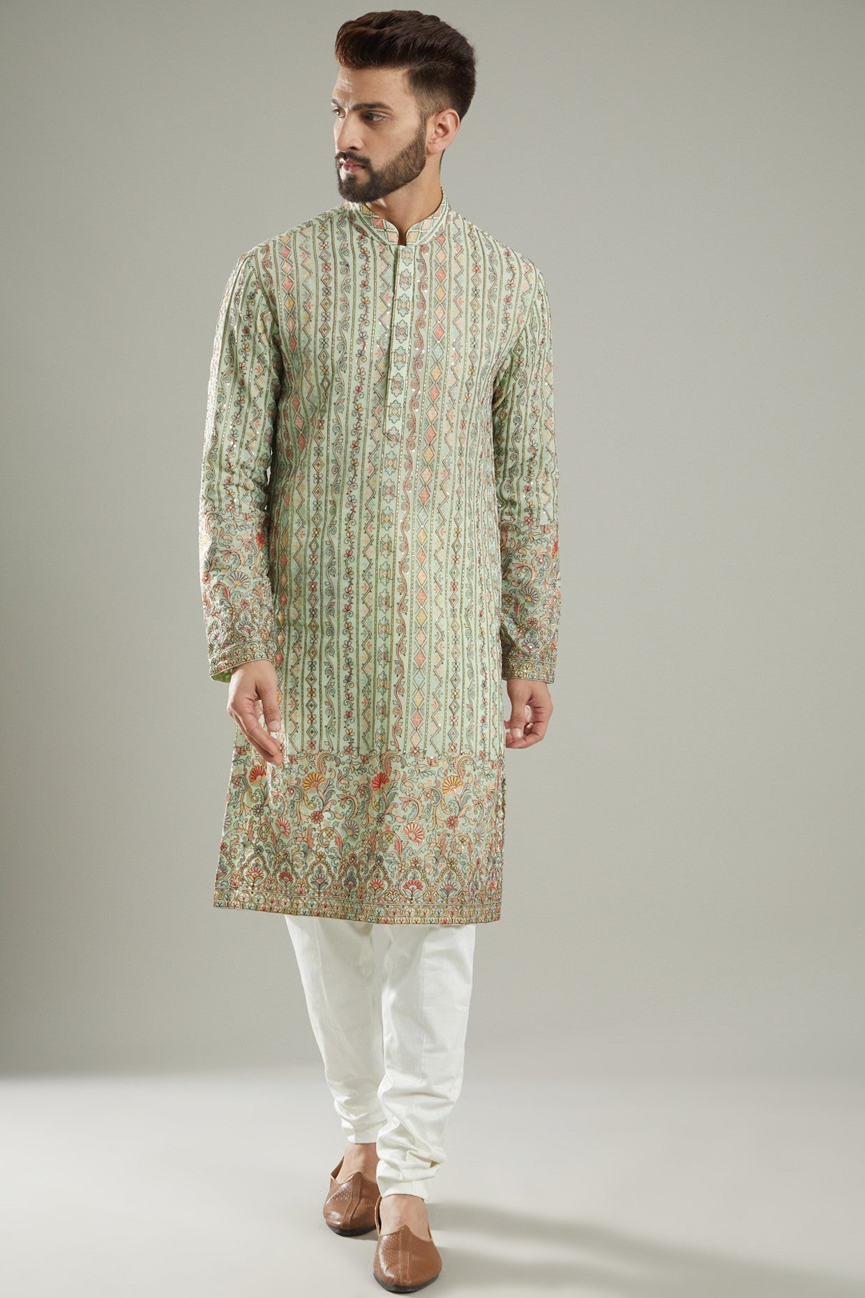 Pastel Green Embroidered Georgette Kurta for Women - Elegant Indian Ethnic Wear for Festivals, Weddings & Casual Outings