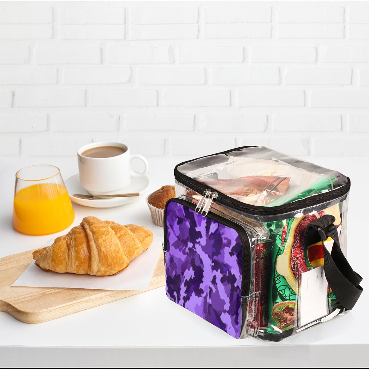 GzLeyigou Camouflage Print Clear Tote Bag with Handles - Purple & Black Camo Transparent Crossbody Shoulder Bag for Lunch, Outdoor, Travel, Picnic, Concerts, Sports Events | Stadium Approved Clear Purse for Women & Men | Perfect for Music Festivals, Beach Days and Shopping Trips