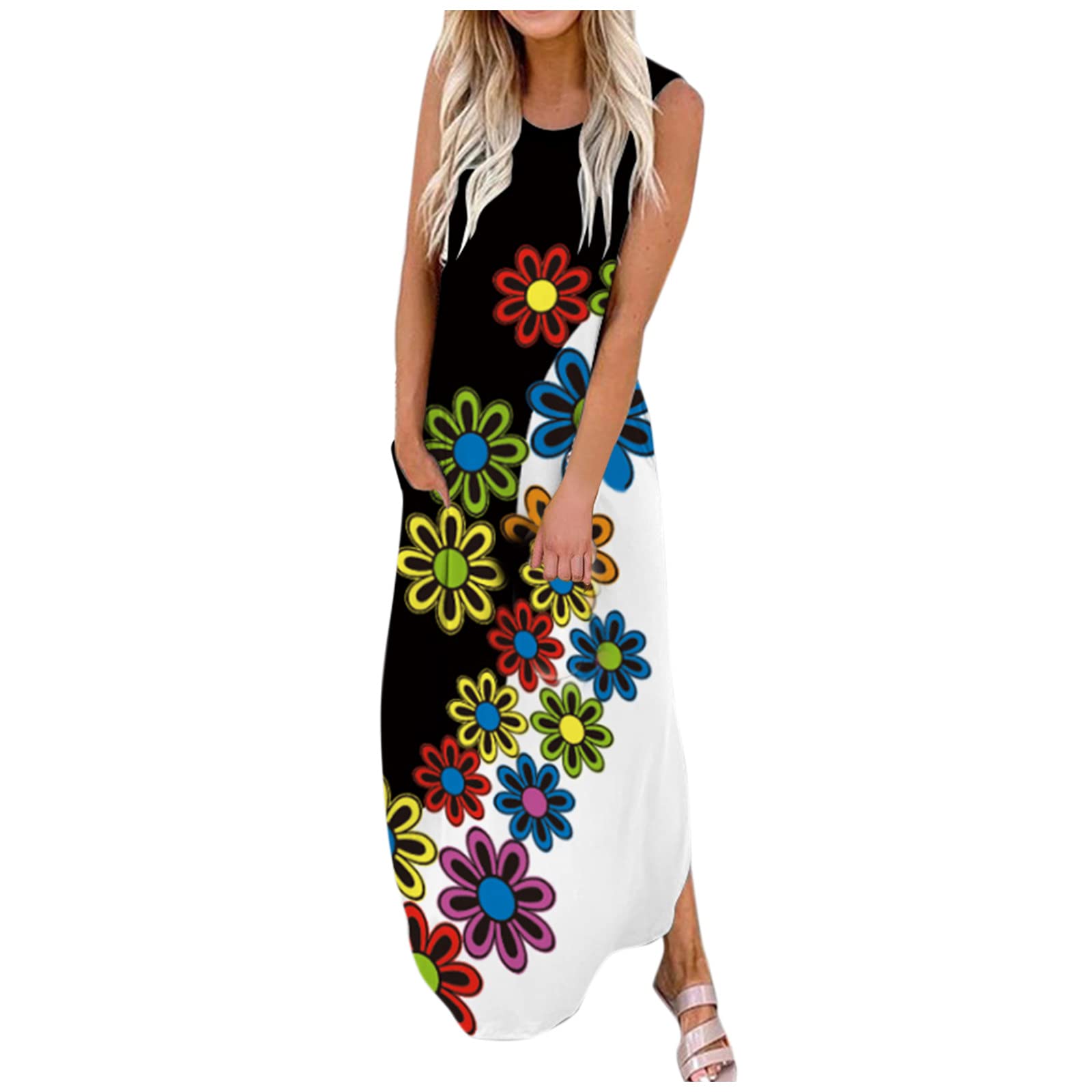 Women's Floral Print Sleeveless Maxi Dress with Pockets - Casual Loose Fit Beach Dress for Summer Vacation, Outdoor Parties, and Daily Wear