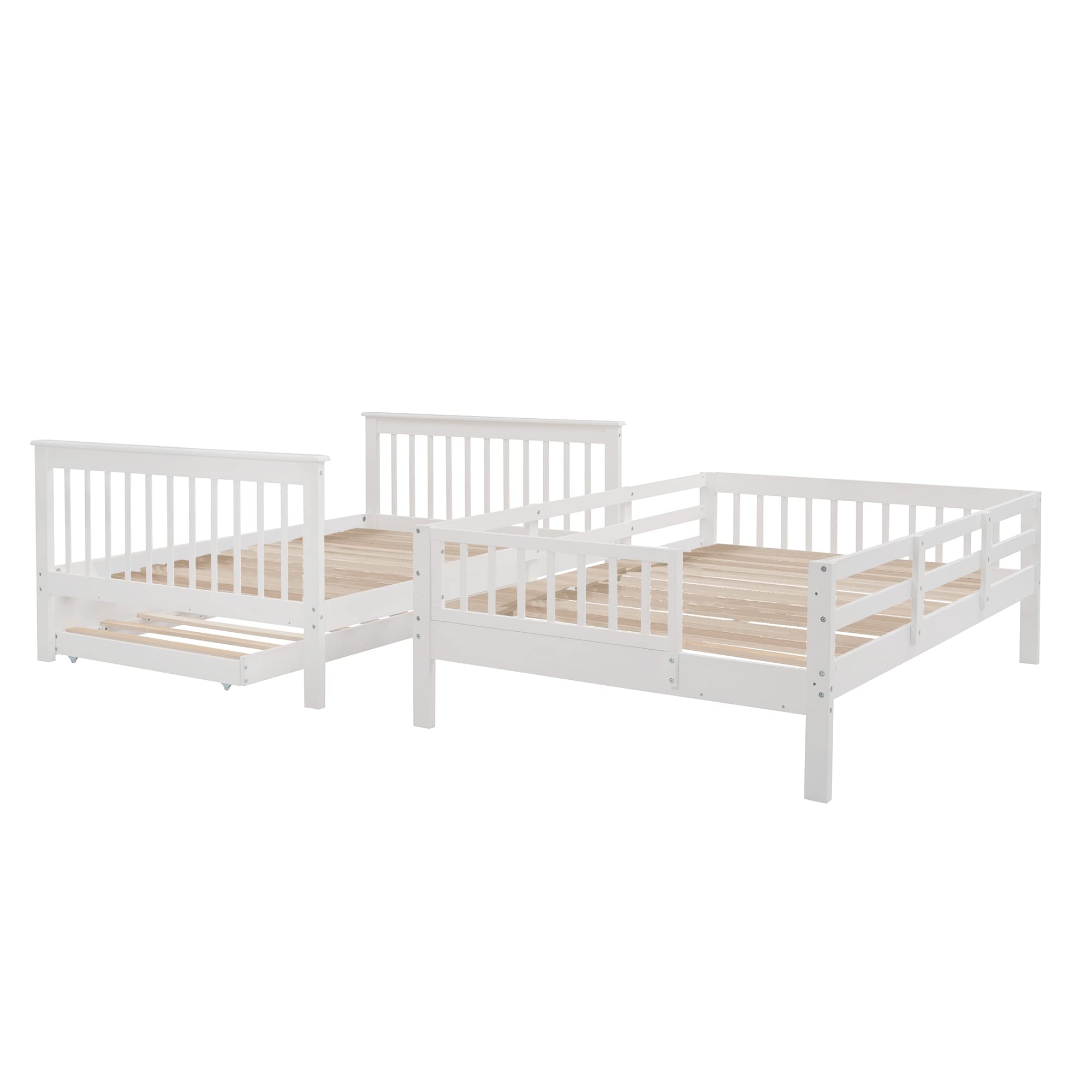 MERITLINE Full Over Full Wooden Bunk Bed Frame with Stairs & Trundle - Convertible Kids Bunk Bed in White | Space-Saving Solution for Shared Bedrooms, Guest Rooms & Small Spaces