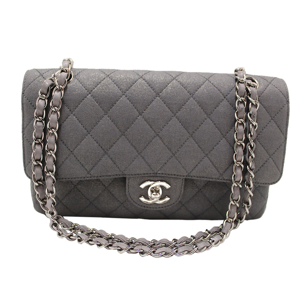 Authentic Chanel Grey Glitter Canvas Medium Classic Flap Shoulder Chain Bag for Women | Luxury Designer Handbag for Parties, Weddings & Evening Events