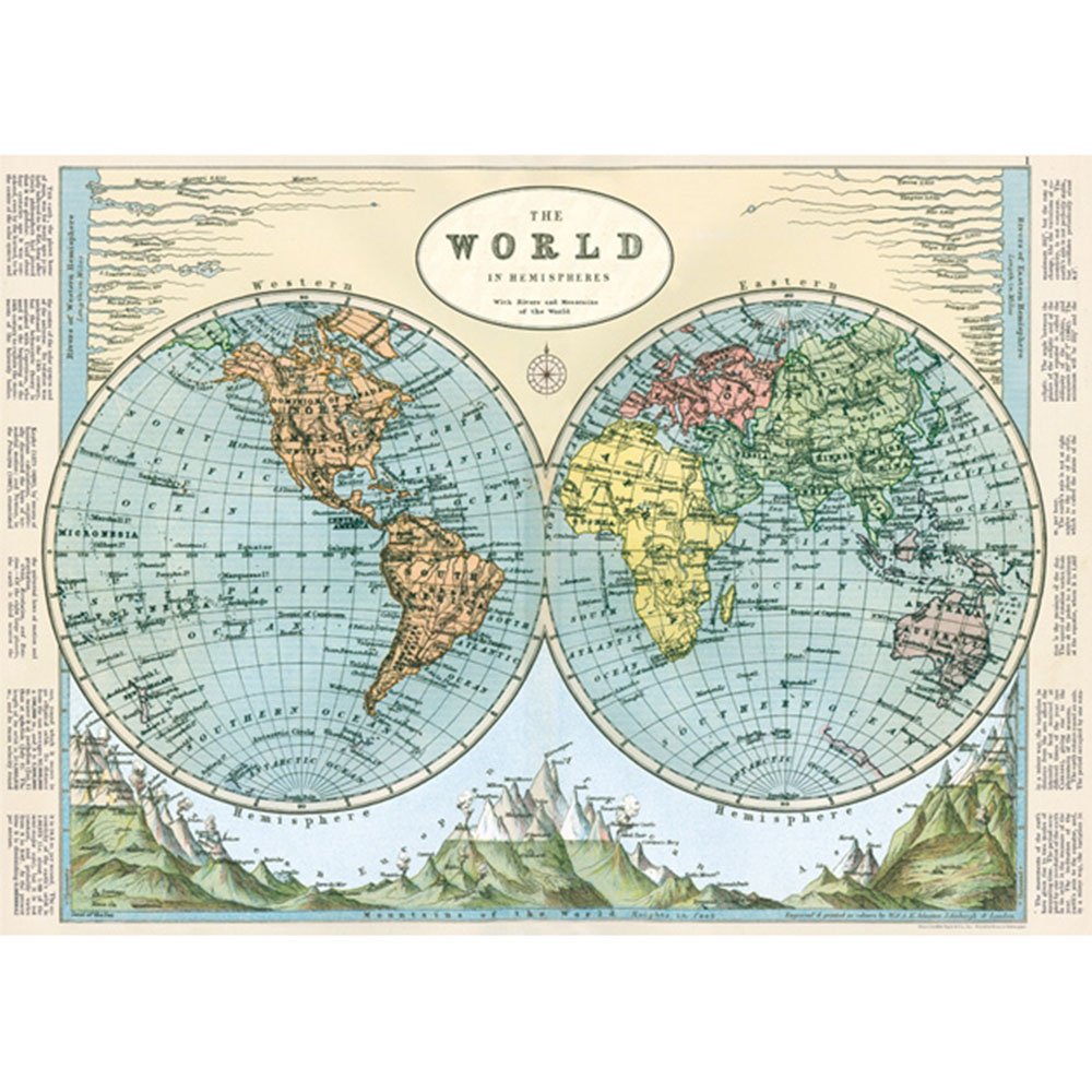 Vintage World Map Wrapping Paper - Cavallini & Co. Hemispheres Map Poster for Gift Wrapping, Scrapbooking & Home Decor | Perfect for Travel Lovers & Geography Enthusiasts