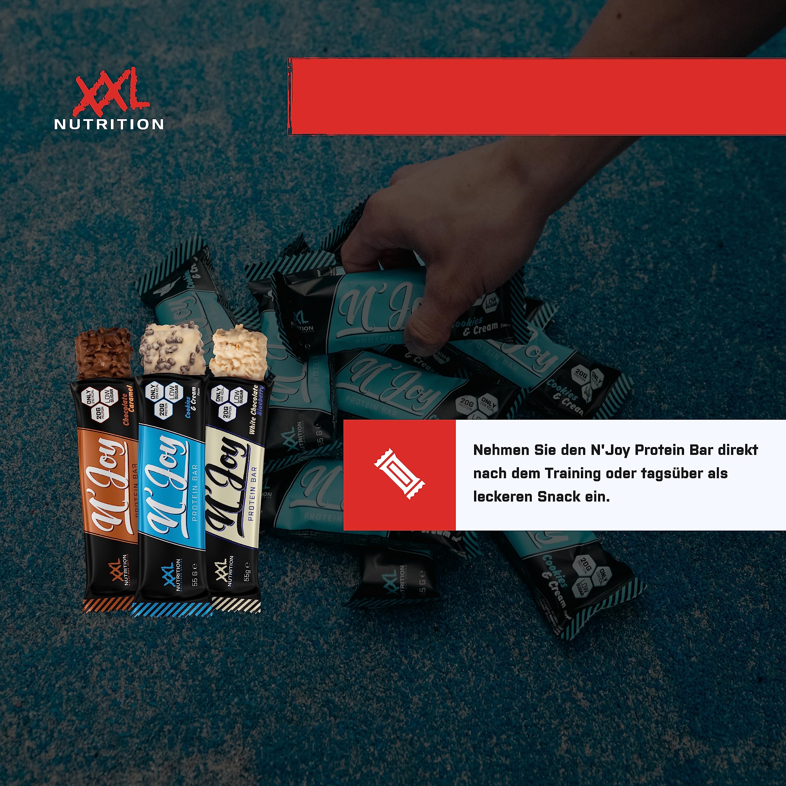 XXL Nutrition - N'Joy Protein Bar | High Protein, Low Sugar, Chocolate Caramel Flavor | 15 Pack | Perfect for Post-Workout Recovery & Healthy Snacking