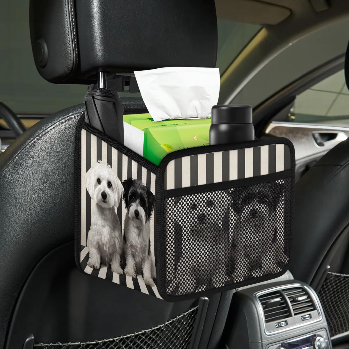 Premium PU Leather Foldable Backseat Car Organizer with Puppy Dog Stripe - Hanging Storage Bag for Car Accessories | Perfect for Road Trips, Family Travel & Pet Owners