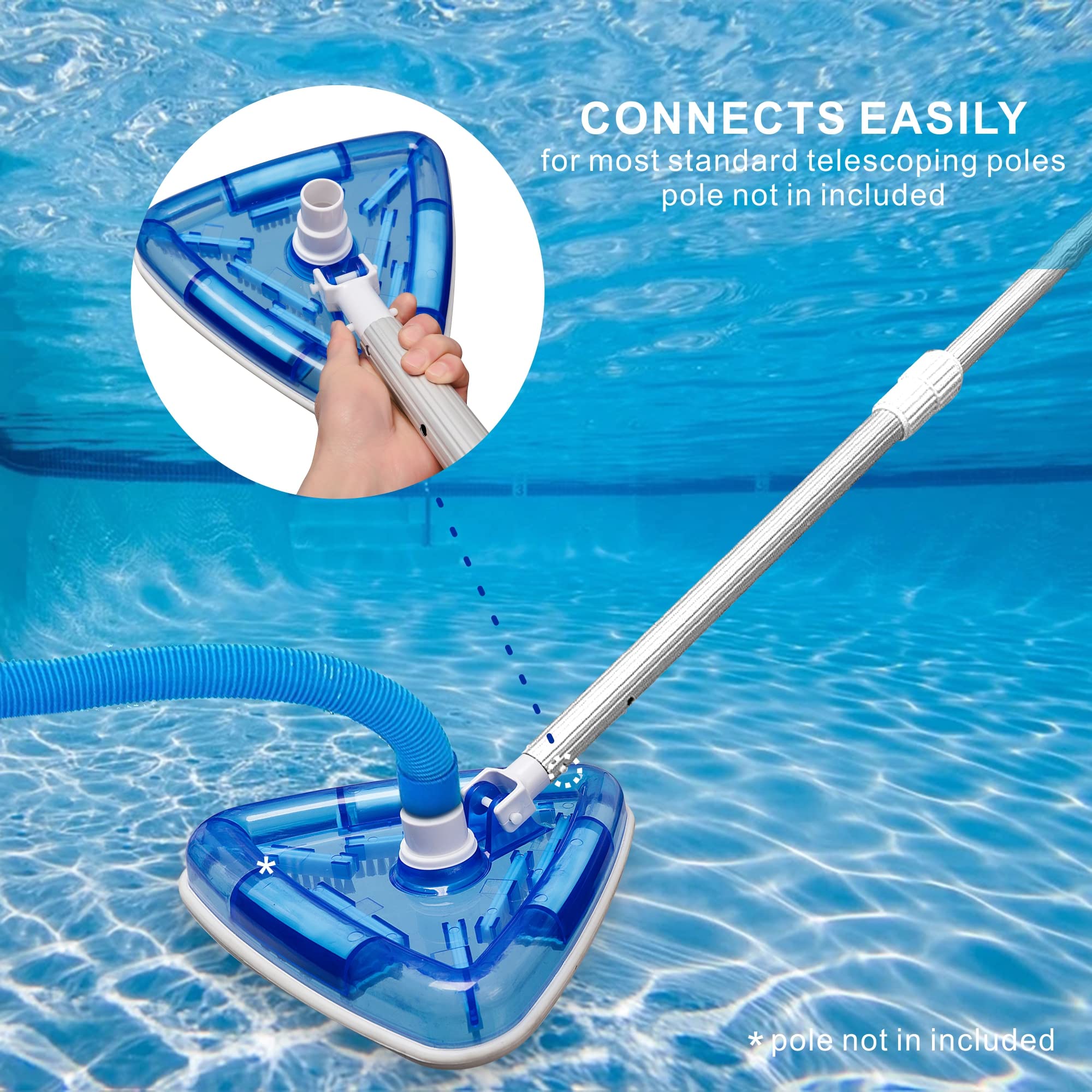 Triangular Weighted Pool Vacuum Head with Swivel Hose Connection & EZ Clip Handle - Transparent Swimming Pool Cleaner Brush for Efficient Bottom Cleaning | Perfect for In-Ground & Above Ground Pools