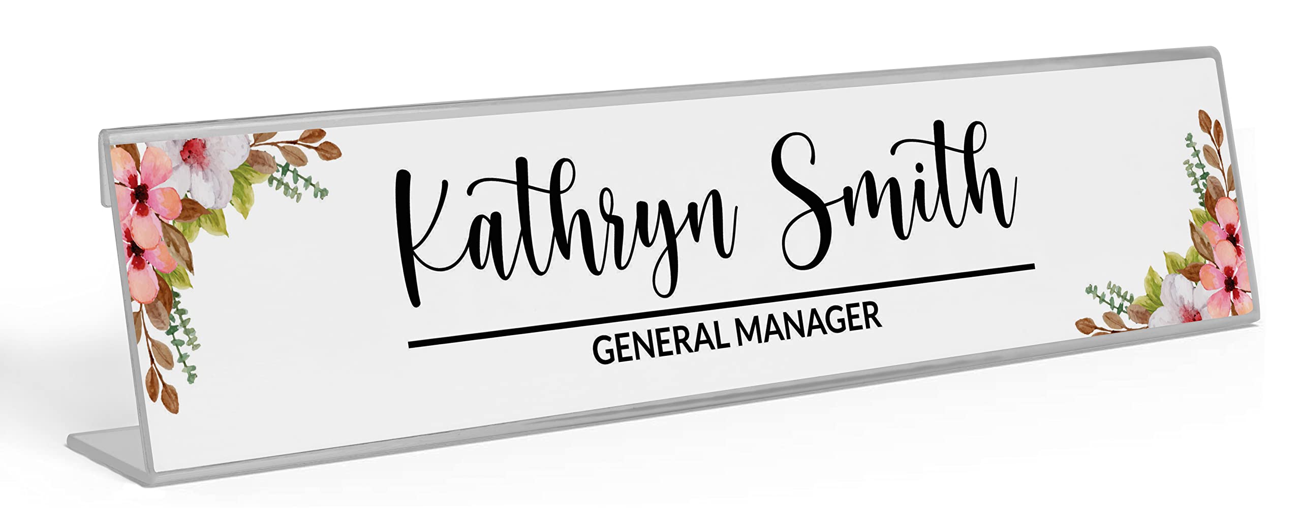 Personalized Acrylic Desk Name Plate - Custom Floral Office Name Sign (2x8 Inches) - Perfect for Workstations, Reception Desks & Home Office Decor