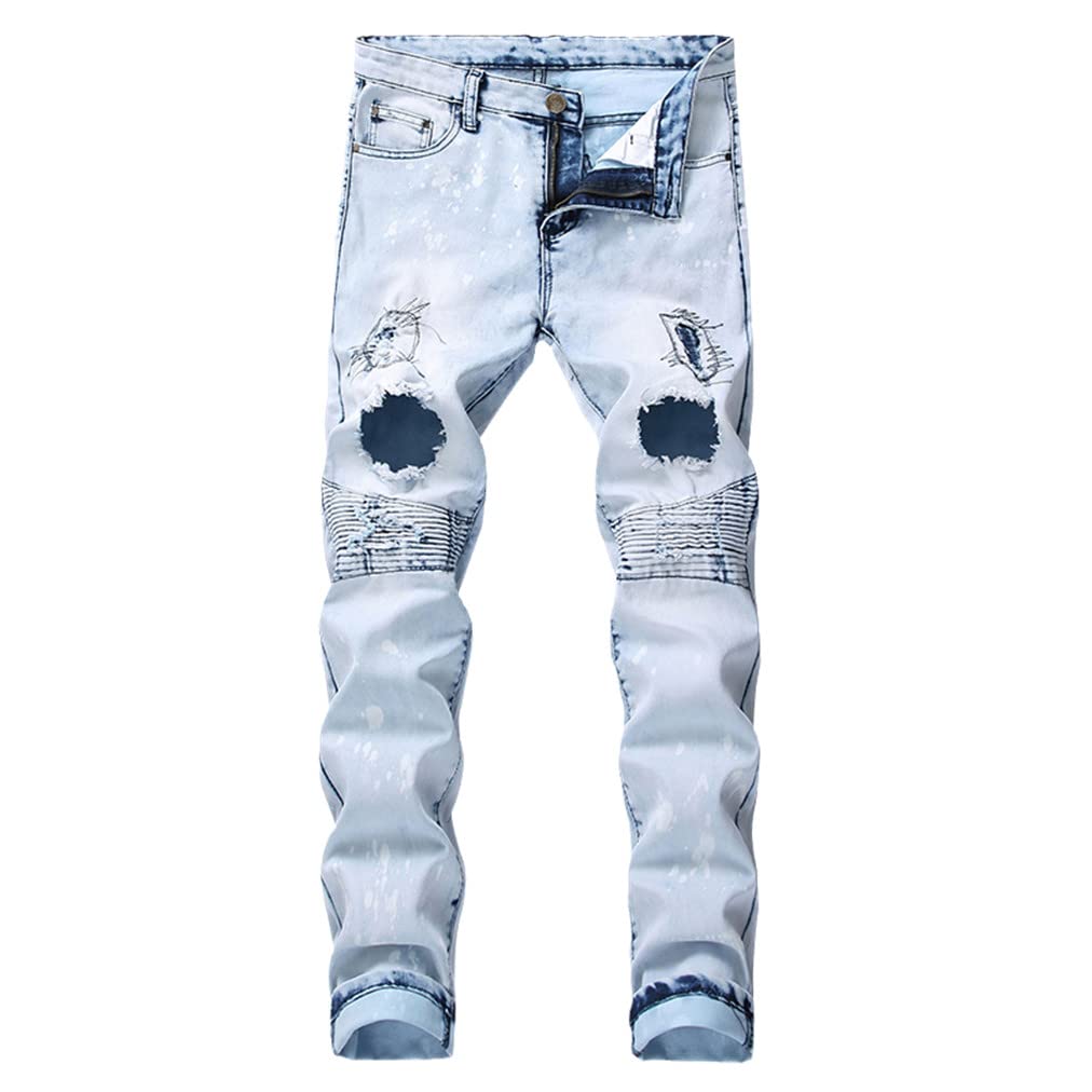 Kiioouu Men's Blue Ripped Denim Jeans with Patch Design - Classic Cotton Stretch Pants for Casual Wear & Street Style Outfits