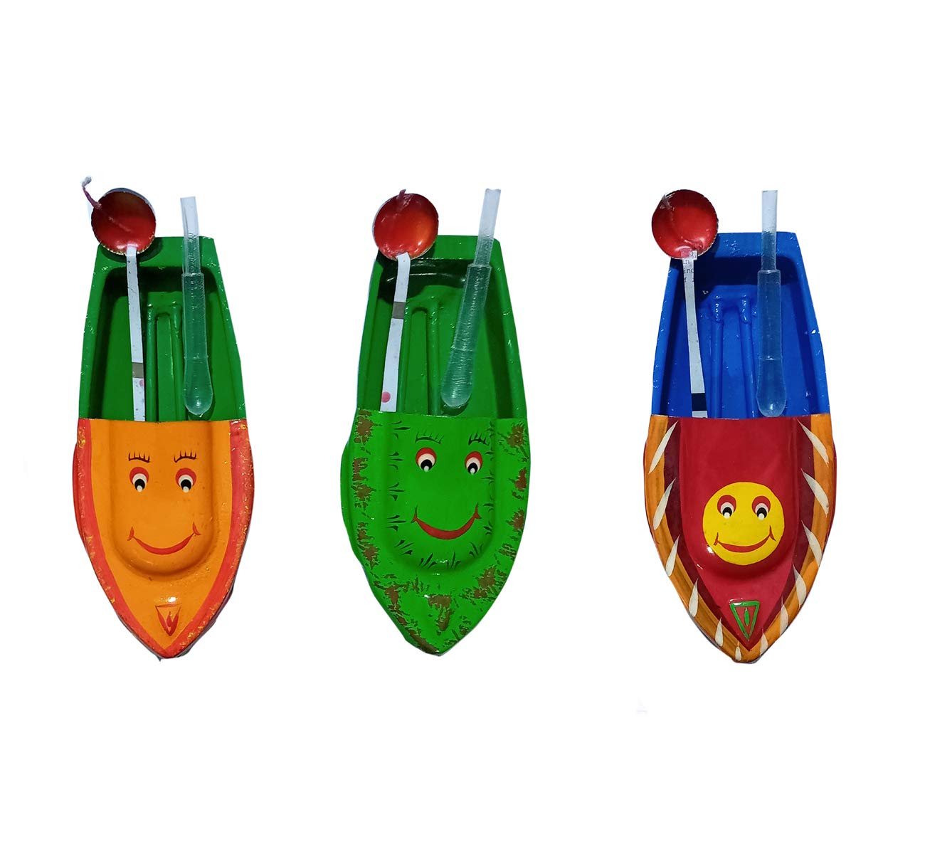 BG Bazzar 3-Piece Hand-Painted Smiley Design Putt Putt Boat Toy Set - Fun Bath Time & Pool Floating Toys for Kids