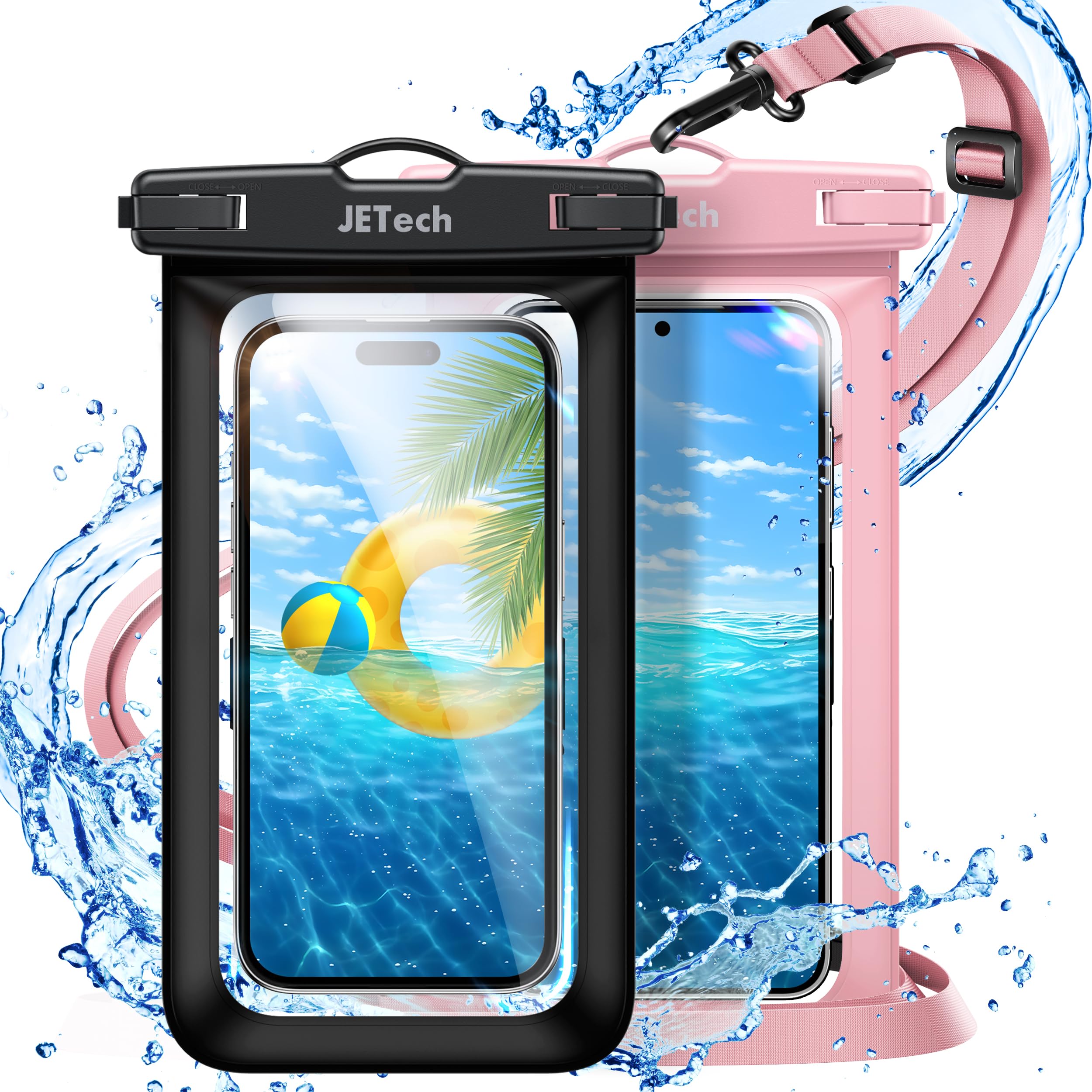 JETech Waterproof Phone Pouch 2 Pack - IPX8 Waterproof Case for iPhone 16/15/14/13 Pro Max & Galaxy S24/S23 Ultra (Up to 7.2 Inch) with Lanyard - Perfect for Swimming, Beach, Kayaking & Outdoor Activities (Black+Pink)