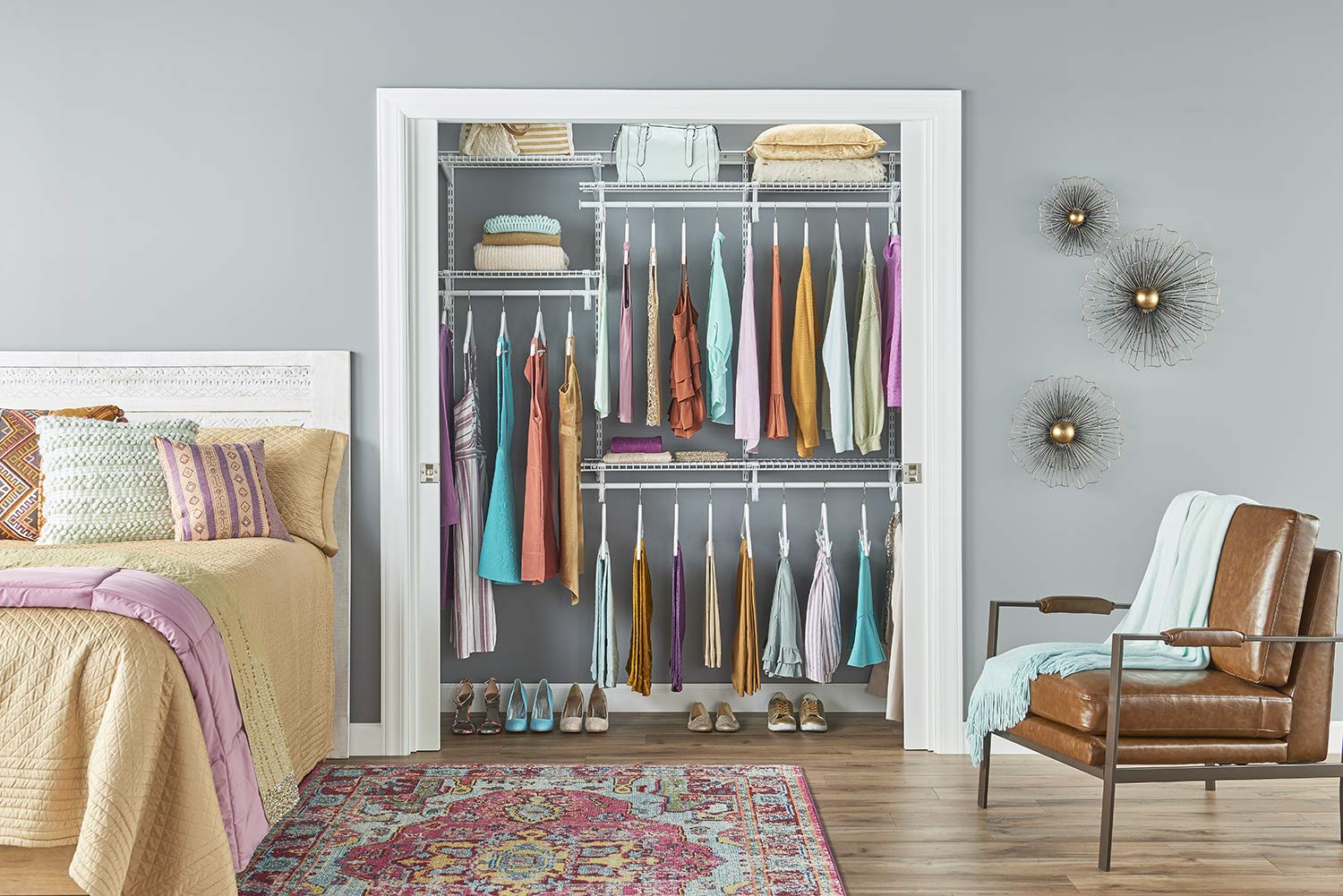 ClosetMaid Adjustable Wire Closet Organizer System 4-6 Feet with Shelves & Clothes Rods - Durable Steel Closet Storage Solution for Bedroom, Walk-in Closet or Pantry Organization (White)