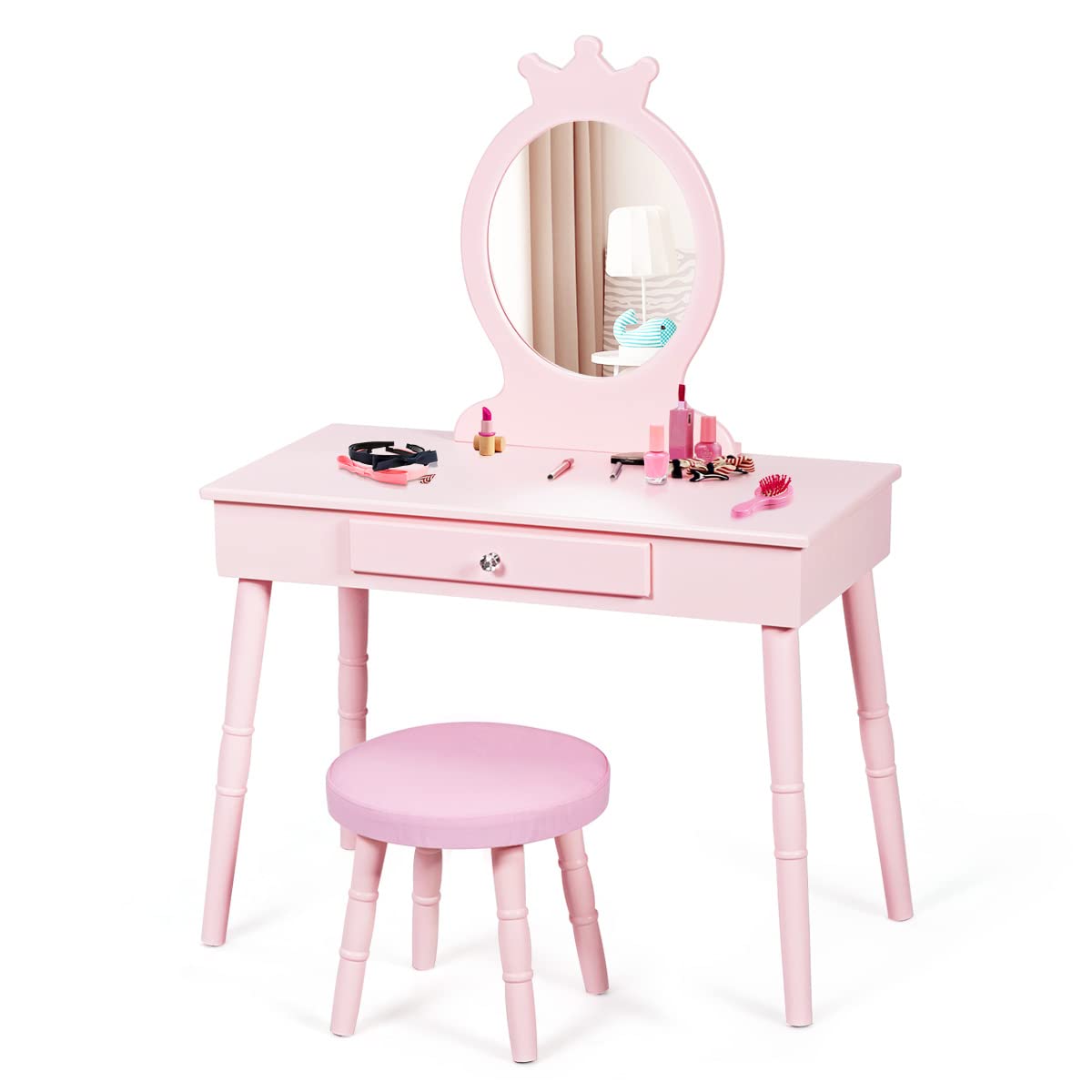 KOTEK Princess Vanity Set with Mirror & Stool - Crown Themed Kids Makeup Dressing Table with Drawers, Solid Wood Legs, Pretend Play Furniture for Little Girls (Pink) | Perfect for Birthday Gifts, Bedroom Decor & Role Play Activities