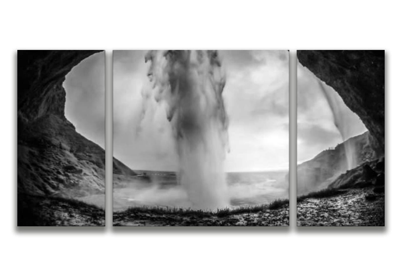 Iceland Seljalandsfoss Waterfall Black & White Canvas Wall Art - 3 Panel Framed Print for Living Room Decor, Golden Circle Route Landscape Poster - Perfect for Home, Office & Gift Giving