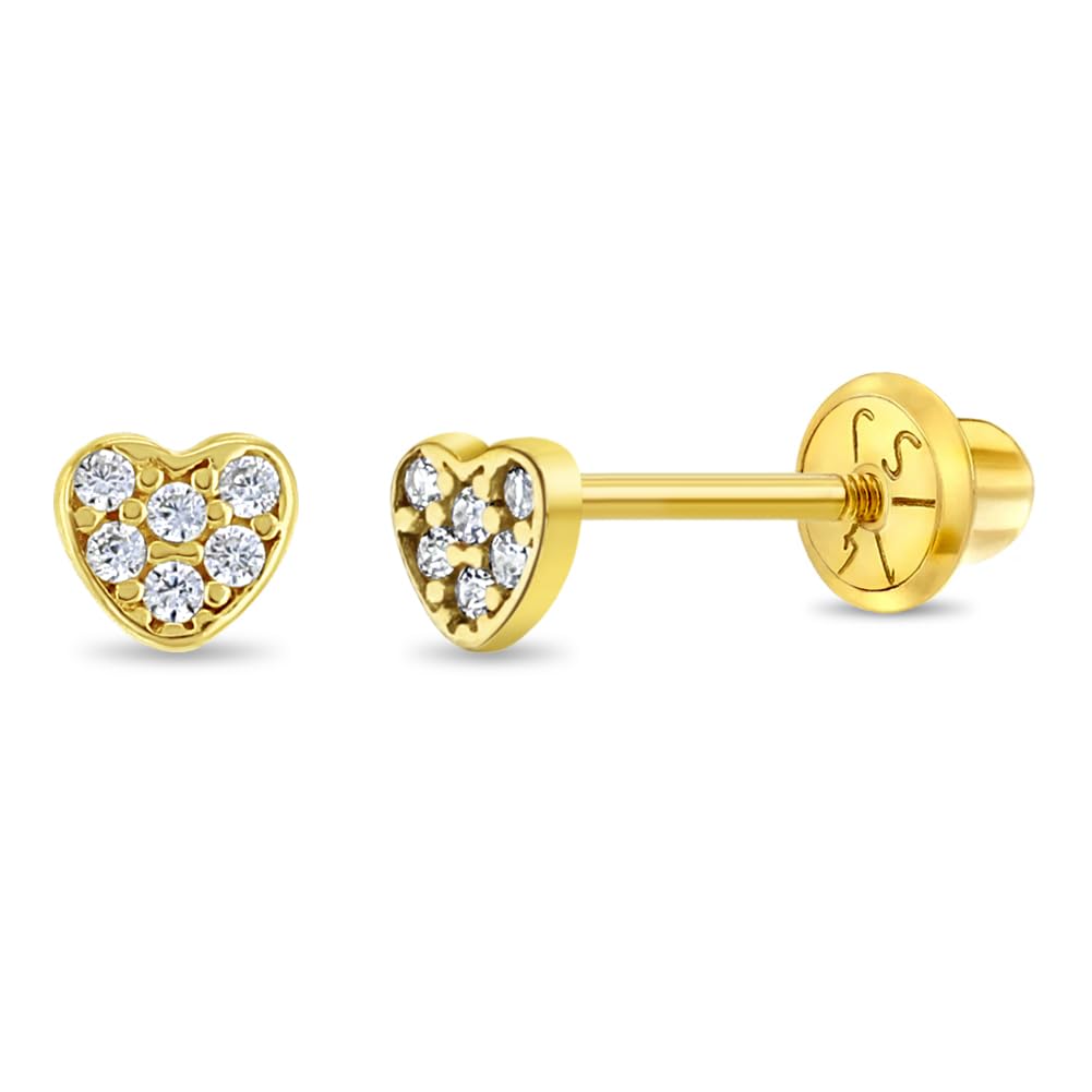 14K Yellow Gold 3mm Clear Pave Cubic Zirconia Heart Screw Back Earrings for Baby Girls & Toddlers - Tiny Round CZ Heart Stud Earrings for Children - Perfect for Birthdays, Christenings & Special Occasions