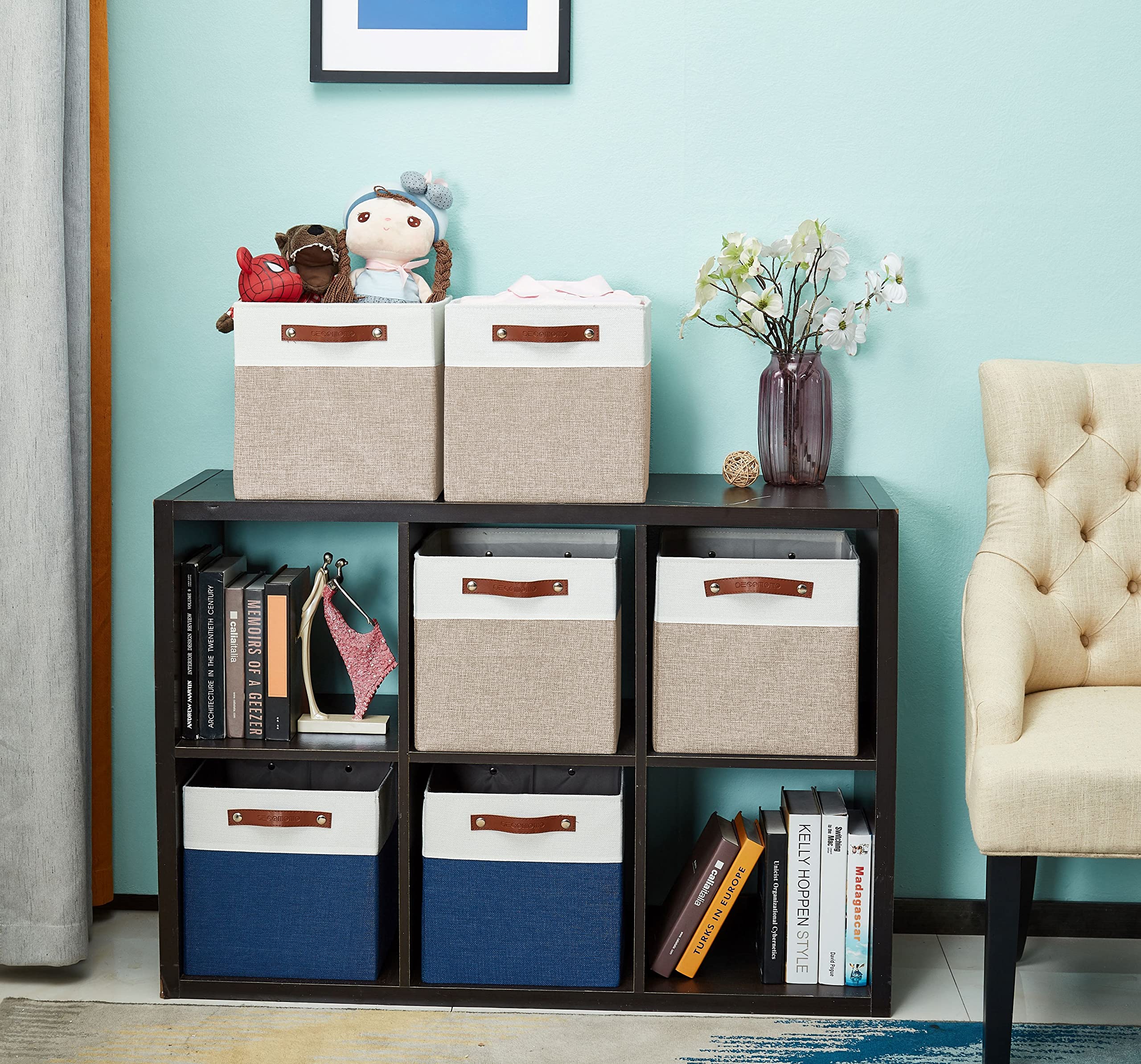 DECOMOMO Kallax Storage Cubes - 13x15x13 Inch Fabric Bins & Baskets for Shelves Organization - Beige & White Set of 3 - Perfect for Closet, Nursery, and Living Room Storage