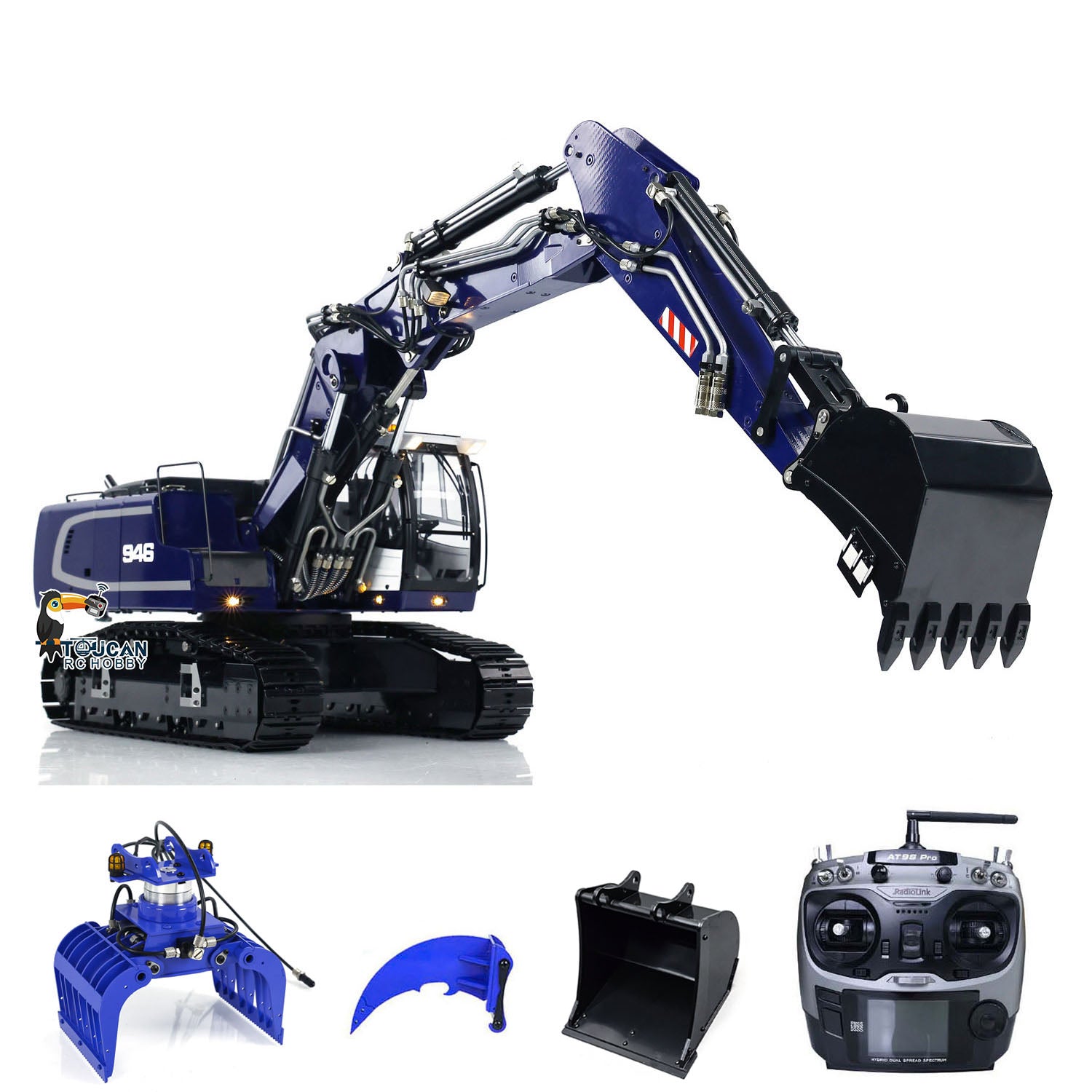 1/14 Scale 946 3-Arm RC Hydraulic Excavator Toy - Metal Remote Control Construction Digger with Tiltable Bucket, Ripper & Clamshell Grabber | Realistic Construction Play for Kids & Adults