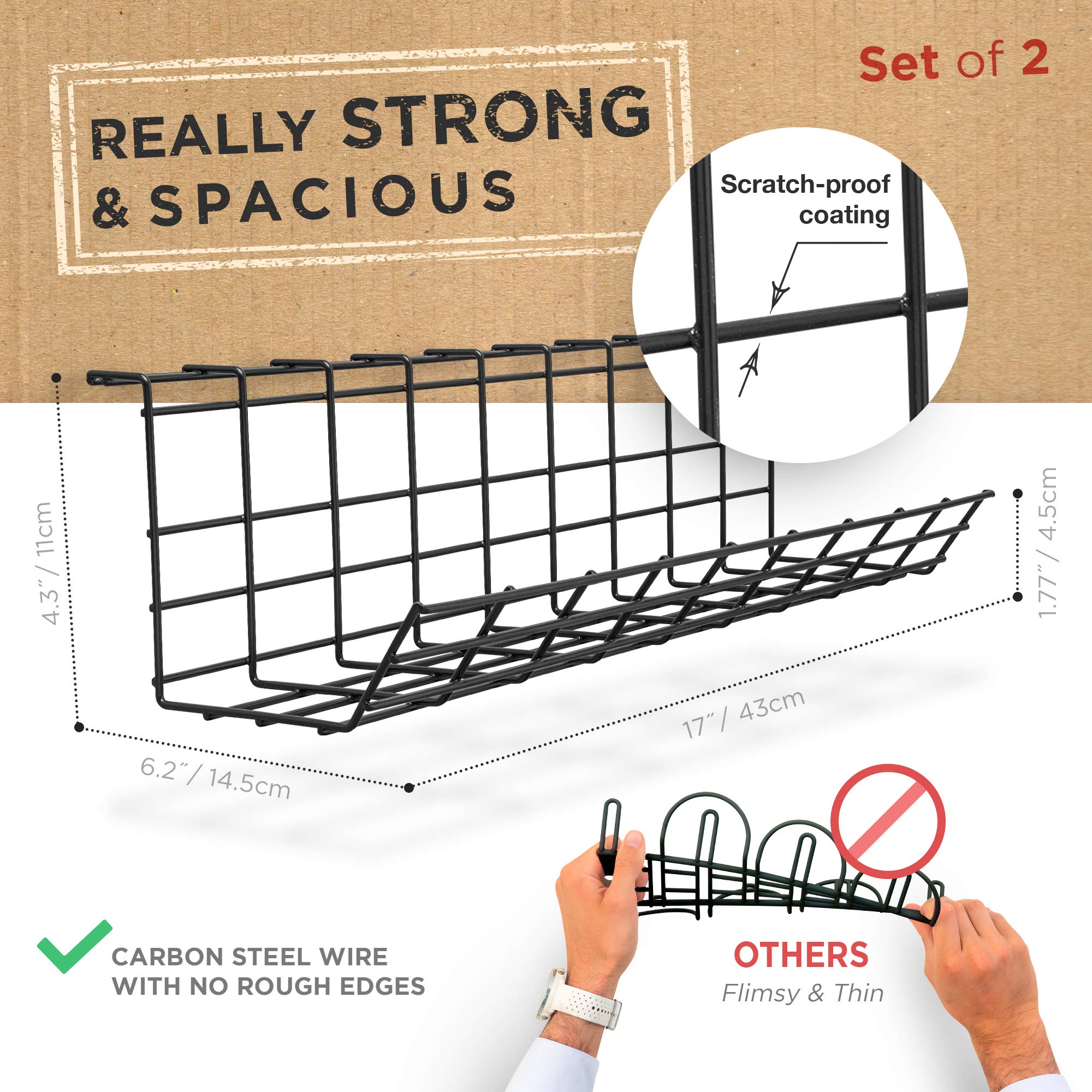 Under Desk Cable Management Tray - Black Cord Organizer for Desk with Wire Holders - Set of 2 (17 Inch) - Perfect for Home Office, Gaming Setup & Workspace Organization