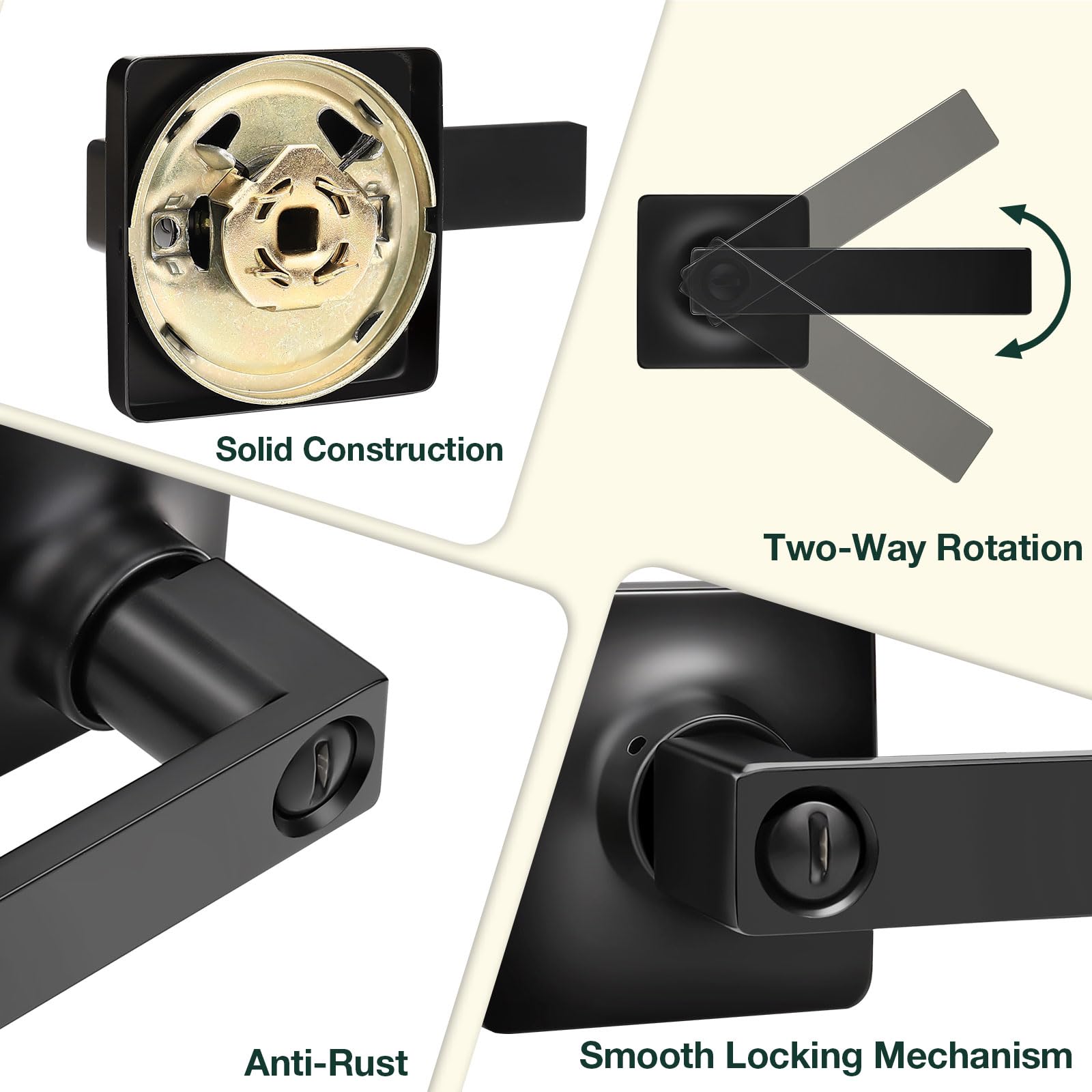 GobeKOR 5-Pack Black Square Interior Door Handles with Keyless Privacy Lock - Reversible Lever Door Knobs for Bedroom, Bathroom & Home Security (Easy Installation, Durable Finish) | Perfect for Modern Homes, Apartments and Office Spaces