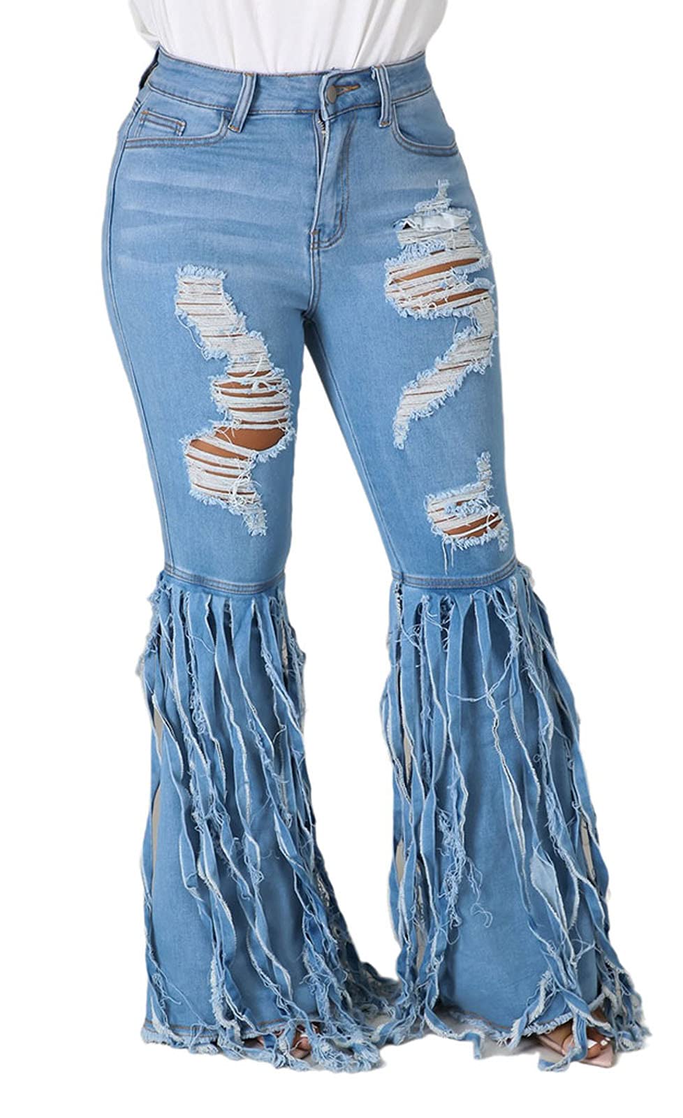 **Women's High Waisted Bell Bottom Jeans - Distressed Ripped Flare Denim Pants with Elastic Waist & Raw Hem | 70s Vintage Style for Casual Outfits & Music Festivals**
