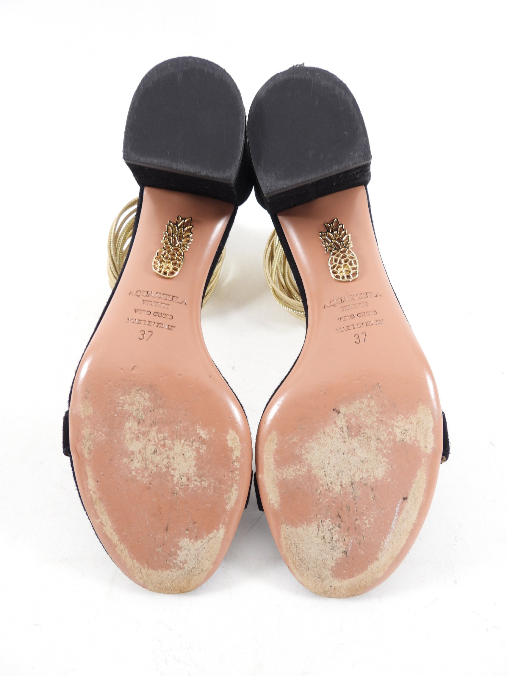 Aquazzura Black Suede Sandals with Gold Ankle Strap - Women's Luxury Heeled Sandals Size EU 37 (US 7) for Weddings, Parties & Evening Events