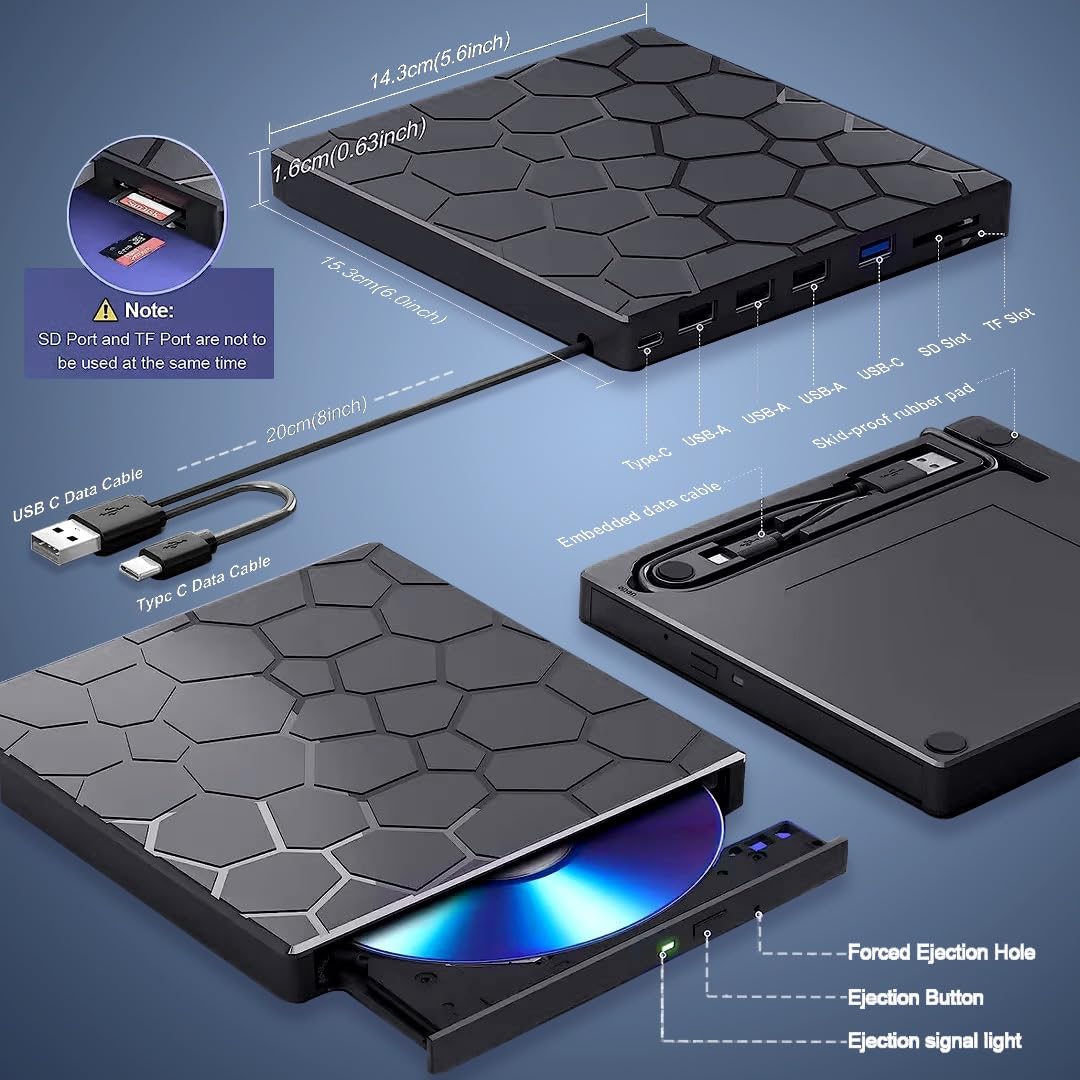 Portable External USB 3.0 CD/DVD Drive - 8-in-1 DVD-ROM +/-RW Burner & Reader for Laptop, Desktop, Mac, Windows 11/10/8/7, Linux - Perfect for Home Office, Travel & Media Backup