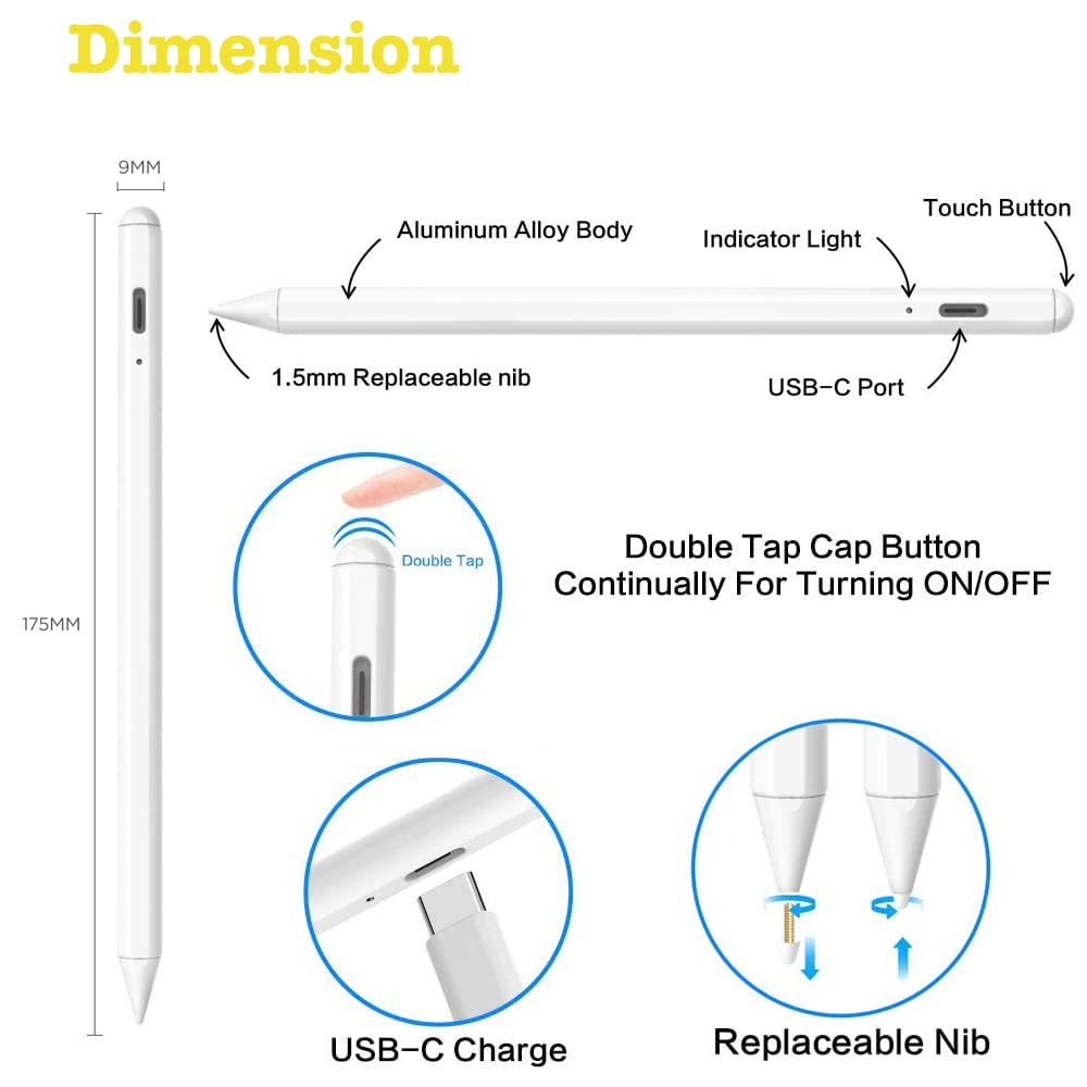 Premium Stylus Pen for iPad - Active Pencil with Palm Rejection Technology | Compatible with iPad 6/7/8th Gen, iPad Pro 11/12.9
