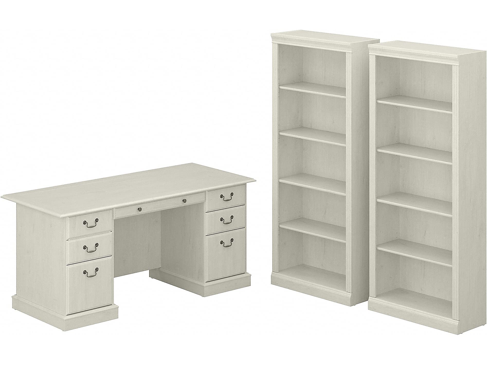 Bush Furniture Saratoga Executive Desk and Bookcase Set - Linen White Oak Finish - Home Office Furniture for Professionals & Remote Workers