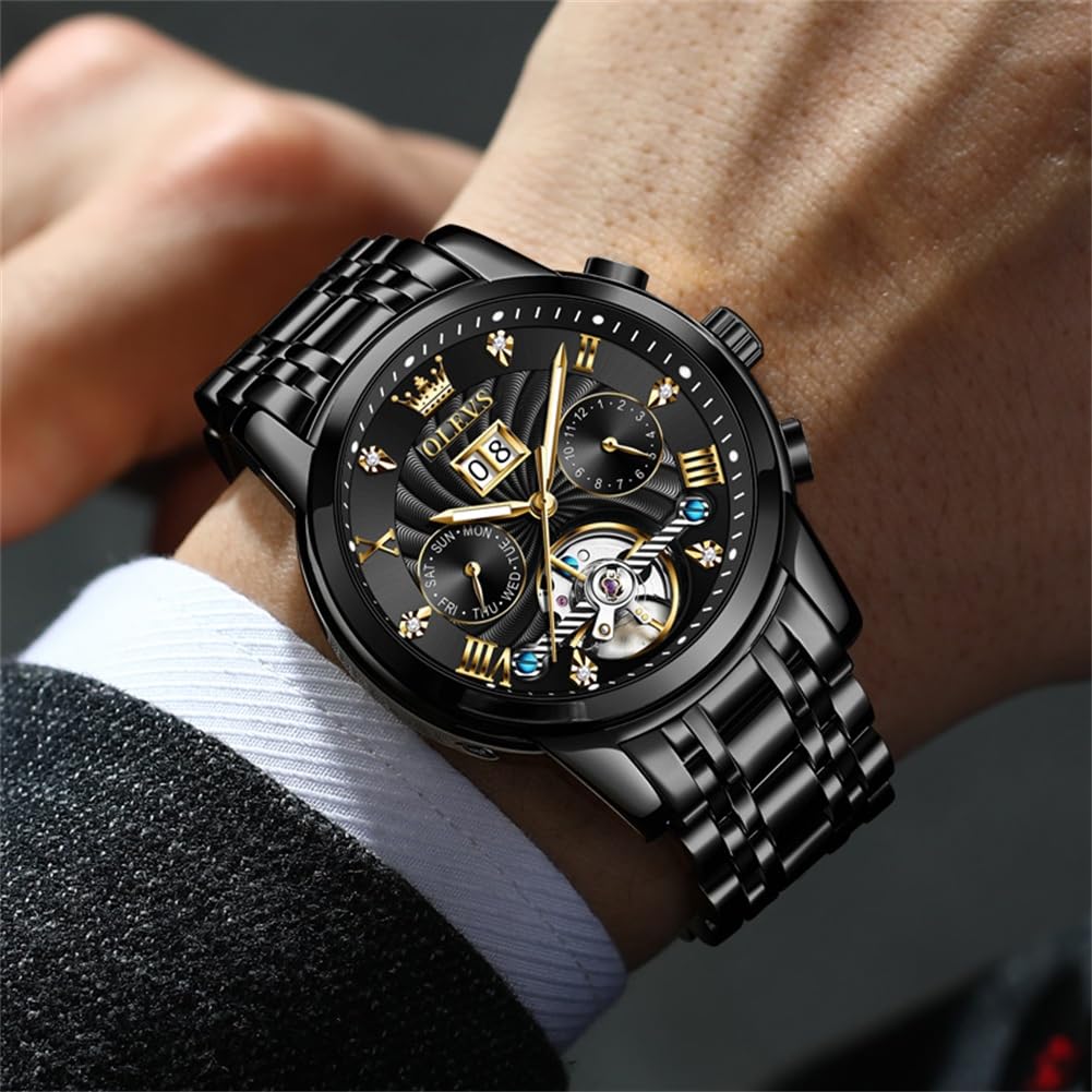 OLEVS Men's Automatic Mechanical Tourbillon Watch - Self Winding Luxury Stainless Steel Waterproof Wristwatch with Luminous Hands & Date Display | Perfect for Business, Formal Events & Everyday Wear