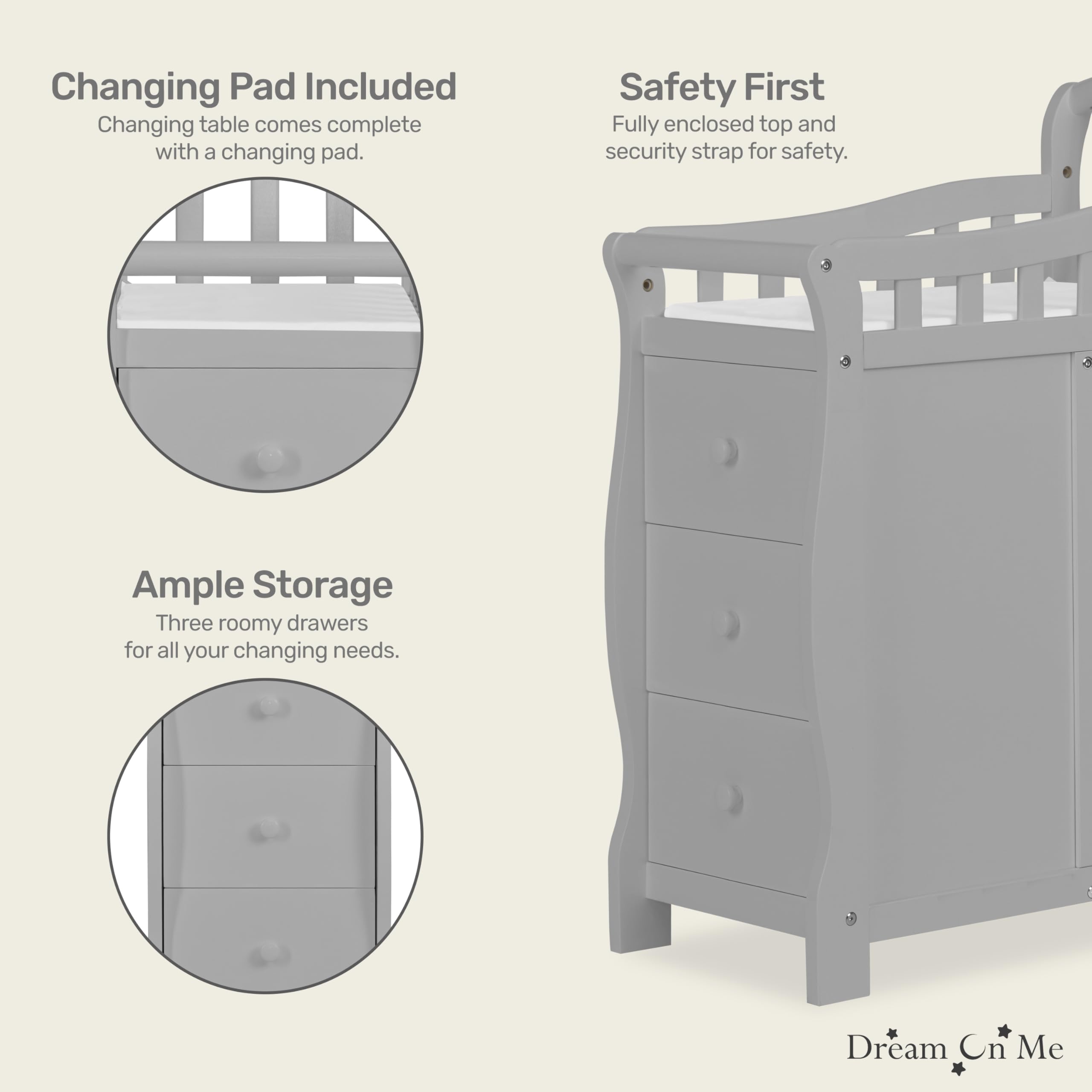 Dream On Me Casco 3-in-1 Convertible Mini Crib & Changing Table - Pebble Grey Pinewood Baby Crib with 3 Adjustable Mattress Heights | Nursery, Small Space & Travel Use