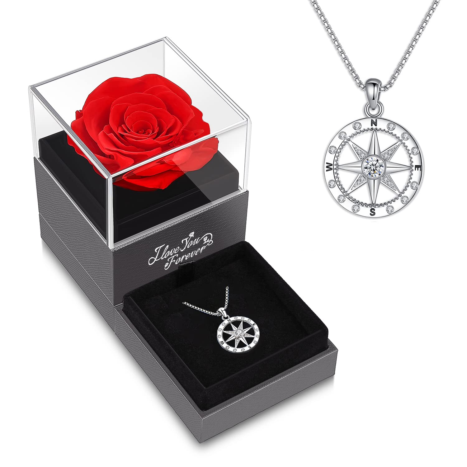 Real Preserved Red Rose with 'I'd Be Lost Without You' Compass Necklace - Romantic Gift for Wife, Girlfriend, Anniversary, Valentine's Day | Perfect for Birthdays, Christmas & Special Occasions | Thoughtful Keepsake for Women Who Love Unique Jewelry