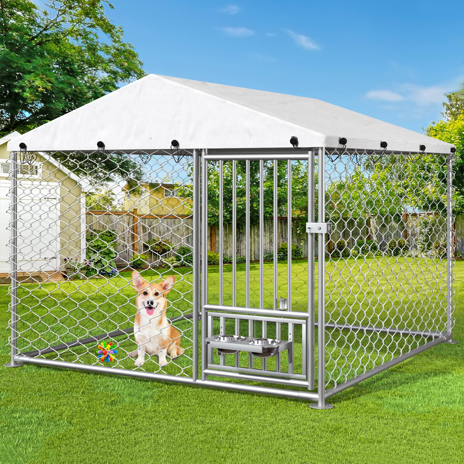 Heavy Duty 6.7x6.7x5 FT Outdoor Dog Kennel with Roof & Rotating Bowls - Durable Shelter for Small & Medium Dogs - Perfect for Backyard, Patio or Camping Use